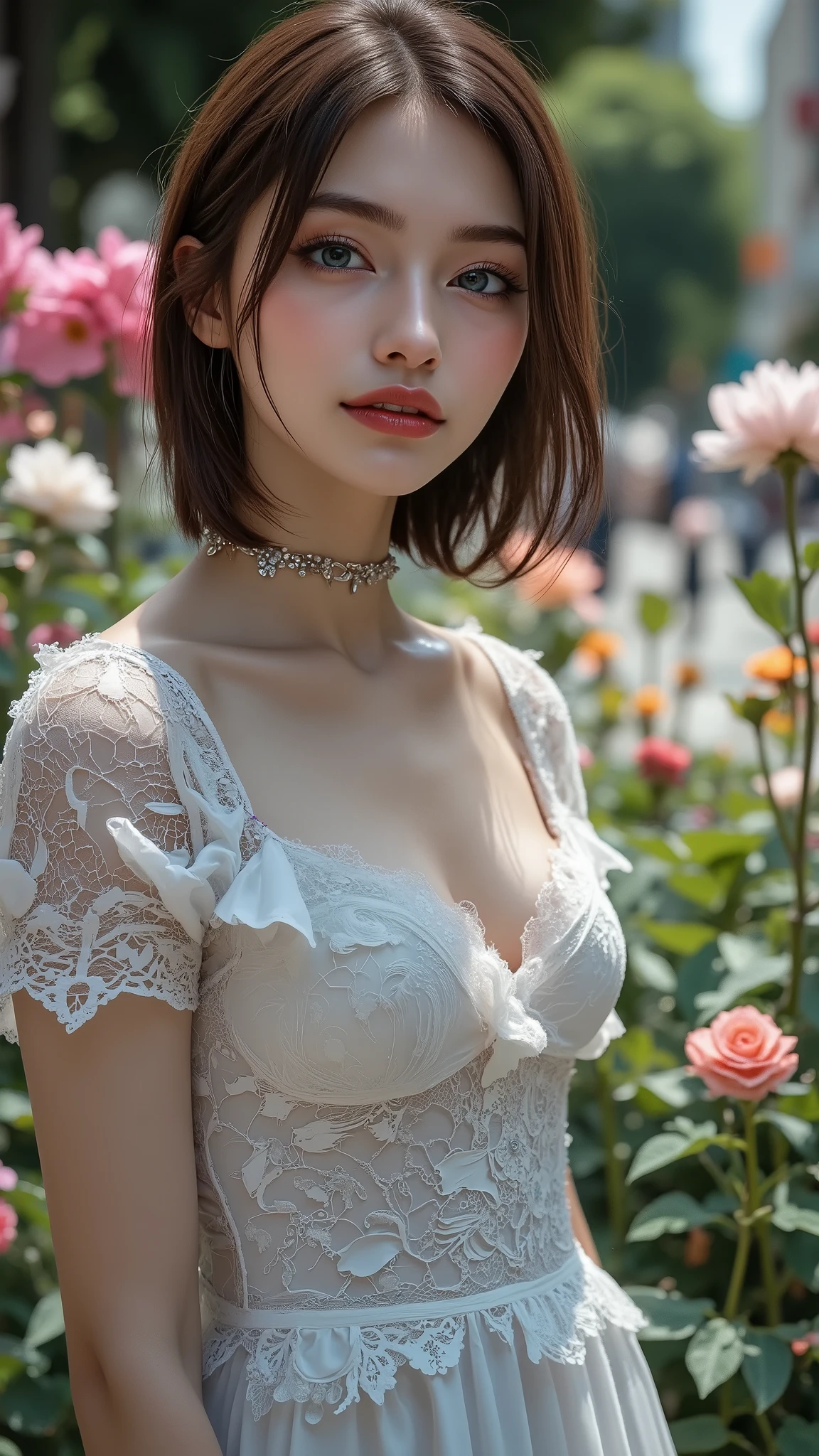Realistic ((Photorealistic realism)), Hyper high resolution, ((Hyper insanel quality, epice masterciece, intricately detailed digital art)),((focus on extremely Realistic Proportion Body:1.3),"Portrait of {a woman with blue eyes, wearing a dress, standing in a garden}."(ultra realistic texture details: velvety skin, hair), ((sharp focus, no blurry eyes, Hyper absurd quality, Hyper details,Hyper realistic eyes:1.4)),((extra narrow eyebrows)),(Carefully draw Long blue_mascara:1.33),(perfect round eyes), (finely detailed pupils, (extremely fine details pupils)), detailed lips:1.3, (apply glossy red_lipstick:1.3), (perfect proportions:1.2), (White tight Dress made of lace fishnet), (Dolce & Gabbana, Floral style:1.26), (elegant fashion, intricate details:1.23), floral couture, (clothes made of silk and flower), (Wearing tight fitting dresses)), (black latex:1.25), latex bodysuit laced), (Intricately details multi-layer (Ruffled Black Gothic Punk Skirt), lace with fishnets:1.3), (white lace-up:1.3), dslr, high quality split lighting, sharp focus captured by Fujifilm XT3, f 5.6,(perfect composition),((look at the viewer)), HDR, UHD, studio lighting, physically-based rendering, vivid colors,