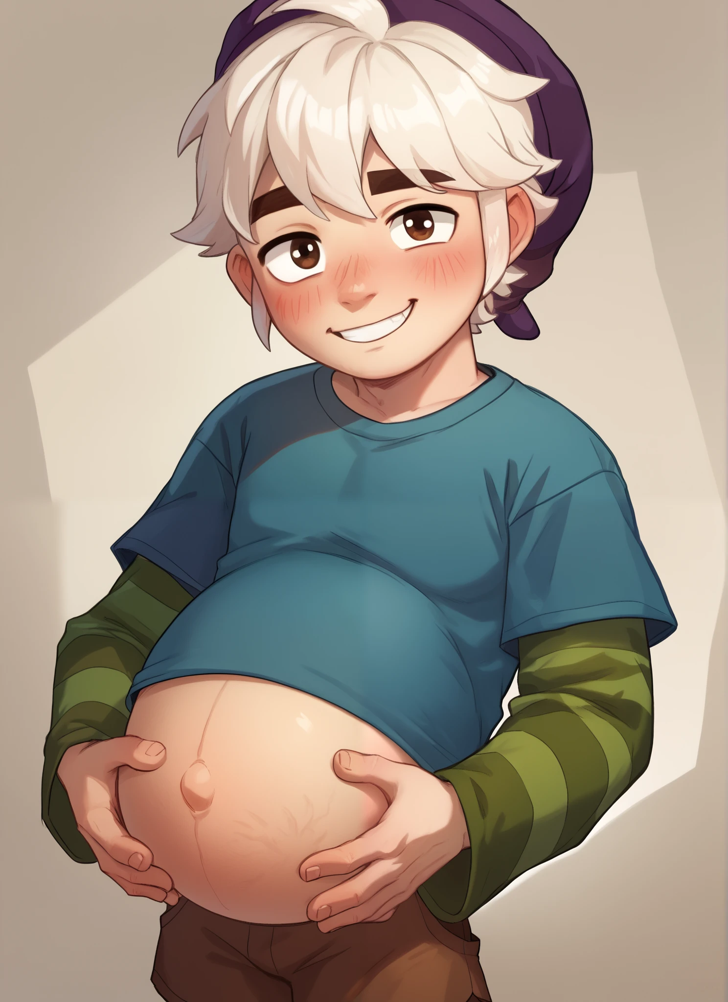 score_9, score_8_up, score_7_up, 1boy,   bsgus, pregnant male ,green sleeves , aged down,  blue shirt ,brown  shorts , white hair ,Striped sleeves ,purple headwear , looking at viewer , smile ,  posmach  ,  blush, hands on his belly