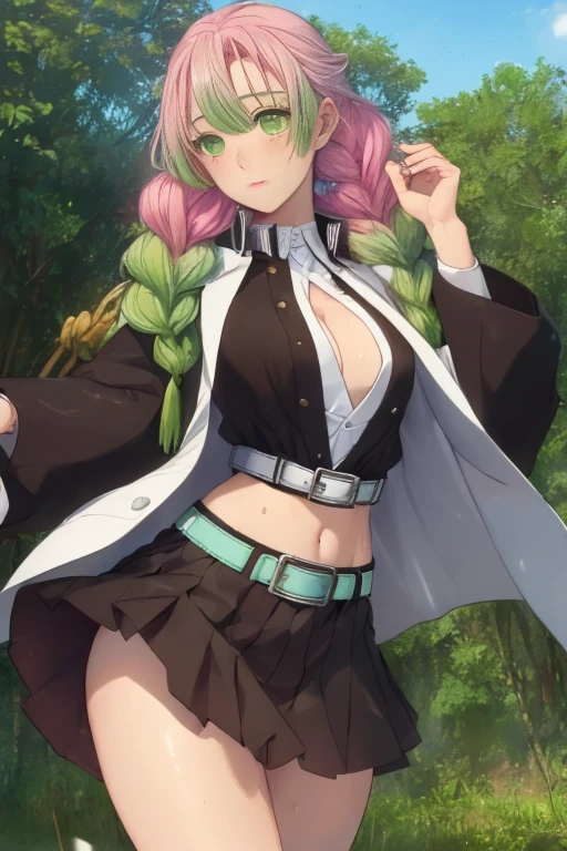 beautiful, (best quality, masterpiece, super detailed: 1.5), perfect lighting, shiny, hires, nature, cobblestone, steam, blue sky, in the distance, whole body, face focus, 1girl, Mitsuri (demon slayer), beautiful girl, beautiful face ((Mitsuri (demon slayer))), a girl with long green-pink gradient hair and green eyes in a long-sleeved jacket with a neckline, white haori, a black skirt with a silver belt and green striped hips, pink hair, green hair, gradient hair, multicolored hair, long hair, bangs, double braids, green eyes, demon slayer uniform, long sleeve jacket, white haori, black skirt, silver belt, green striped thighs, blush, sweat, realistic, chest, wide hips, (thick barbells: 0.9), décolleté, standing, hands behind your back, viewer look, erotica