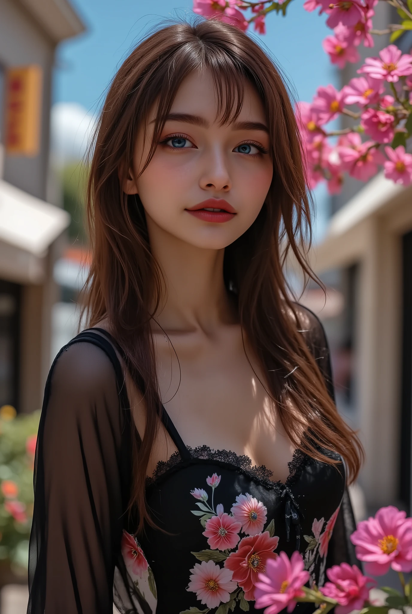 Realistic ((Photorealistic realism)), Hyper high resolution, ((Hyper insanel quality, epice masterciece, intricately detailed digital art)),((focus on extremely Realistic Proportion Body:1.3),"Portrait of {a woman with blue eyes, wearing a dress, standing in a garden}."(ultra realistic texture details: velvety skin, hair), ((sharp focus, no blurry eyes, Hyper absurd quality, Hyper details,Hyper realistic eyes:1.4)),((extra narrow eyebrows)),(Carefully draw Long blue_mascara:1.33),(perfect round eyes), (finely detailed pupils, (extremely fine details pupils)), detailed lips:1.3, (apply glossy red_lipstick:1.3), (perfect proportions:1.2), (White tight Dress made of lace fishnet), (Dolce & Gabbana, Floral style:1.26), (elegant fashion, intricate details:1.23), floral couture, (clothes made of silk and flower), (Wearing tight fitting dresses)), (black latex:1.25), latex bodysuit laced), (Intricately details multi-layer (Ruffled Black Gothic Punk Skirt), lace with fishnets:1.3), (white lace-up:1.3), dslr, high quality split lighting, sharp focus captured by Fujifilm XT3, f 5.6,(perfect composition),((look at the viewer)), HDR, UHD, studio lighting, physically-based rendering, vivid colors,