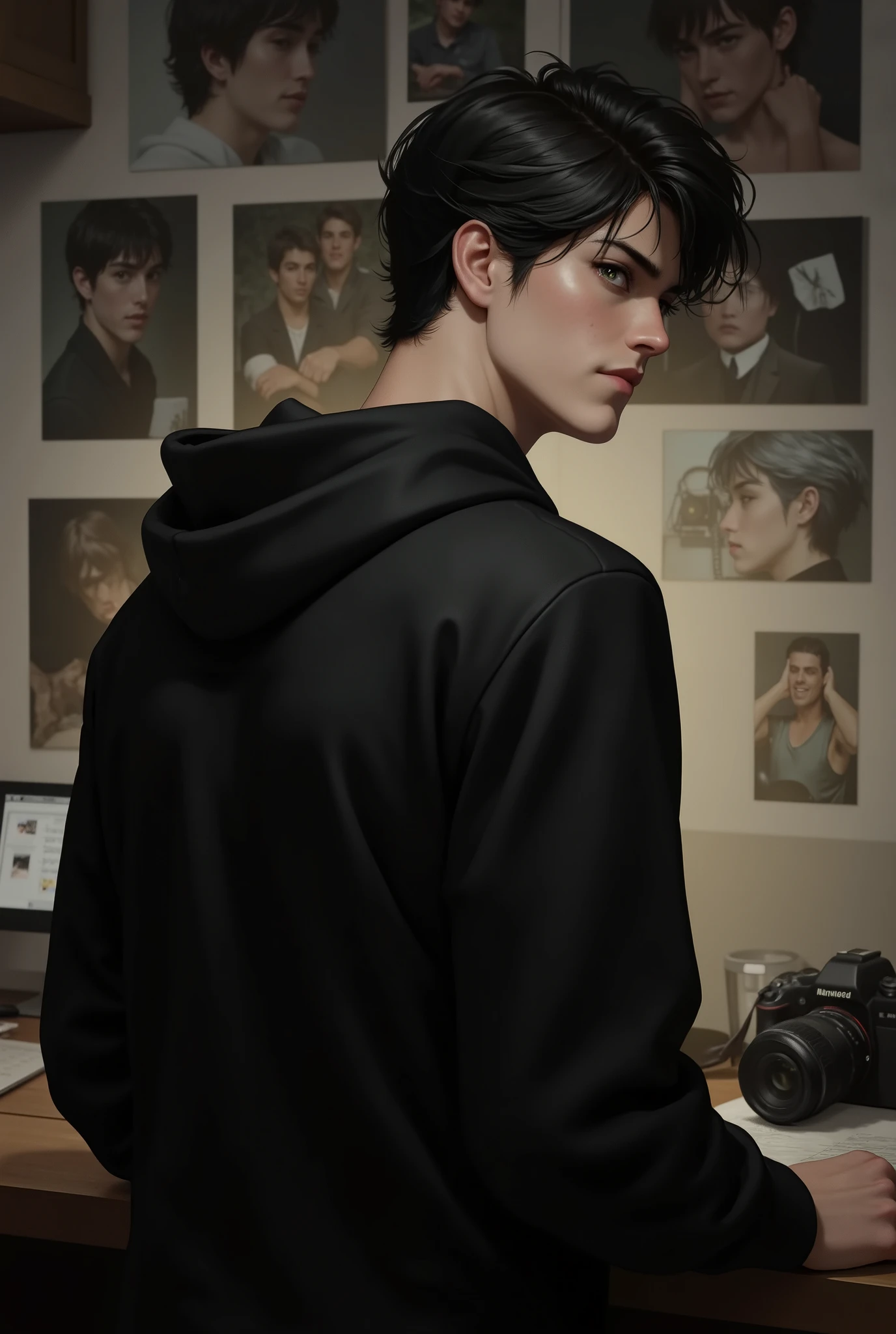 19-year-old man, tall, strong, fair skin, disheveled black hair, light green eyes, defined jaw, full lips, he is wearing a black hooded sweatshirt on his head and is facing away with his head turned in profile and looking forward, he has broad shoulders and defined arms, he has a somber look, behind him is a desk with a camera and on the wall behind him there is a mural with several photos.