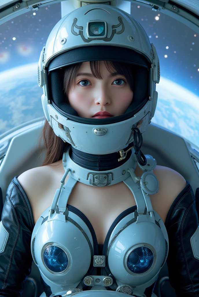 (шедевр、beste-Qualit、Top resolution、Distinct_image、Detailed details、Angle from above): (独奏、Lone Girl、Japan Faces、short-cut、Brown-haired girl、Full body posture、(the perfect body:1.4)、cuteness、cute little、Glittering blue colored eyes、Pilot suit in white and blue colors、Tight Fit Clothing、Clothing that covers the whole body、extremely delicate and beautiful、detailed skins、Slim body、exoskeleton、Gentle smile、heroine、headset on head、long boots、gloves、The front、eye level shot)、(Inside the spacecraft、Fighter cockpit、Control stick)