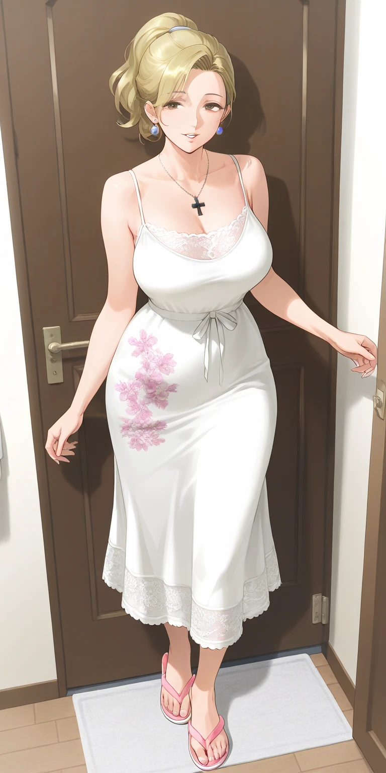Girl, solo, Full Body, Long hair, white hair, Yellow eyes, happy face, Breasts, big Breasts, Large breasts, big Butt, white dress, detailed dress, Long dress, sem mangas, in a dressing room