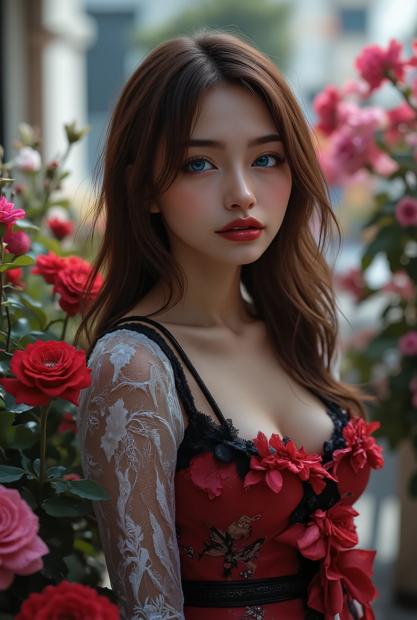 Realistic ((Photorealistic realism)), Hyper high resolution, ((Hyper insanel quality, epice masterciece, intricately detailed digital art)),((focus on extremely Realistic Proportion Body:1.3),"Portrait of {a woman with blue eyes, wearing a dress, standing in a garden}."(ultra realistic texture details: velvety skin, hair), ((sharp focus, no blurry eyes, Hyper absurd quality, Hyper details,Hyper realistic eyes:1.4)),((extra narrow eyebrows)),(Carefully draw Long blue_mascara:1.33),(perfect round eyes), (finely detailed pupils, (extremely fine details pupils)), detailed lips:1.3, (apply glossy red_lipstick:1.3), (perfect proportions:1.2), (White tight Dress made of lace fishnet), (Dolce & Gabbana, Floral style:1.26), (elegant fashion, intricate details:1.23), floral couture, (clothes made of silk and flower), (Wearing tight fitting dresses)), (black latex:1.25), latex bodysuit laced), (Intricately details multi-layer (Ruffled Black Gothic Punk Skirt), lace with fishnets:1.3), (white lace-up:1.3), dslr, high quality split lighting, sharp focus captured by Fujifilm XT3, f 5.6,(perfect composition),((look at the viewer)), HDR, UHD, studio lighting, physically-based rendering, vivid colors,