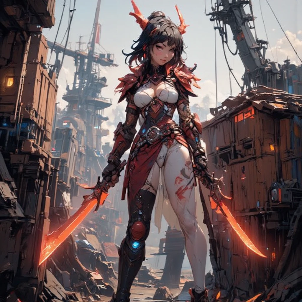 - Main Character, "Chinese" Adult Woman, Beautiful, Tall, Long Legs.
- Sexy and Athletic Body Shape
Perfect body curves, big breasts, hips, flat and slim stomach, big buttocks.
Full of visible colored tattoos.
- Wearing a costume ("Full Sexy Armor"). Chest and Thigh Armor are half open.
Futuristic Costume Design.
Wearing a Maroon colored torn robe.
- High heels are very detailed, hand guards are very detailed, knee and elbow armor.
Weapons: a pair of Red Tonfa Blades.
Wearing Transparent stockings.
- Scarlet costume with White color combination.
- Pose: Standing next to a broken container holding a weapon
Abandoned Port, messy containers, Broken Crane.
Day, Black Clouds, Creepy, Mystical Smoke.
"FANTASY"