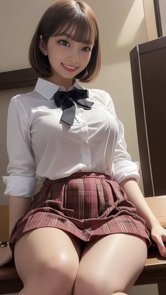 Unbelievably beautiful woman, (Having l sex, irt penis in pussy:1.1), 15s old, Neat face, Happy face, Tie and skirt, bob cut, (Best Quality, 8K, master piece :1.3), Lovely smile, emotional, (gleaming skin, Shiny hair:1.4), s Office, master piece, Best Quality, (Ultra-detailed),