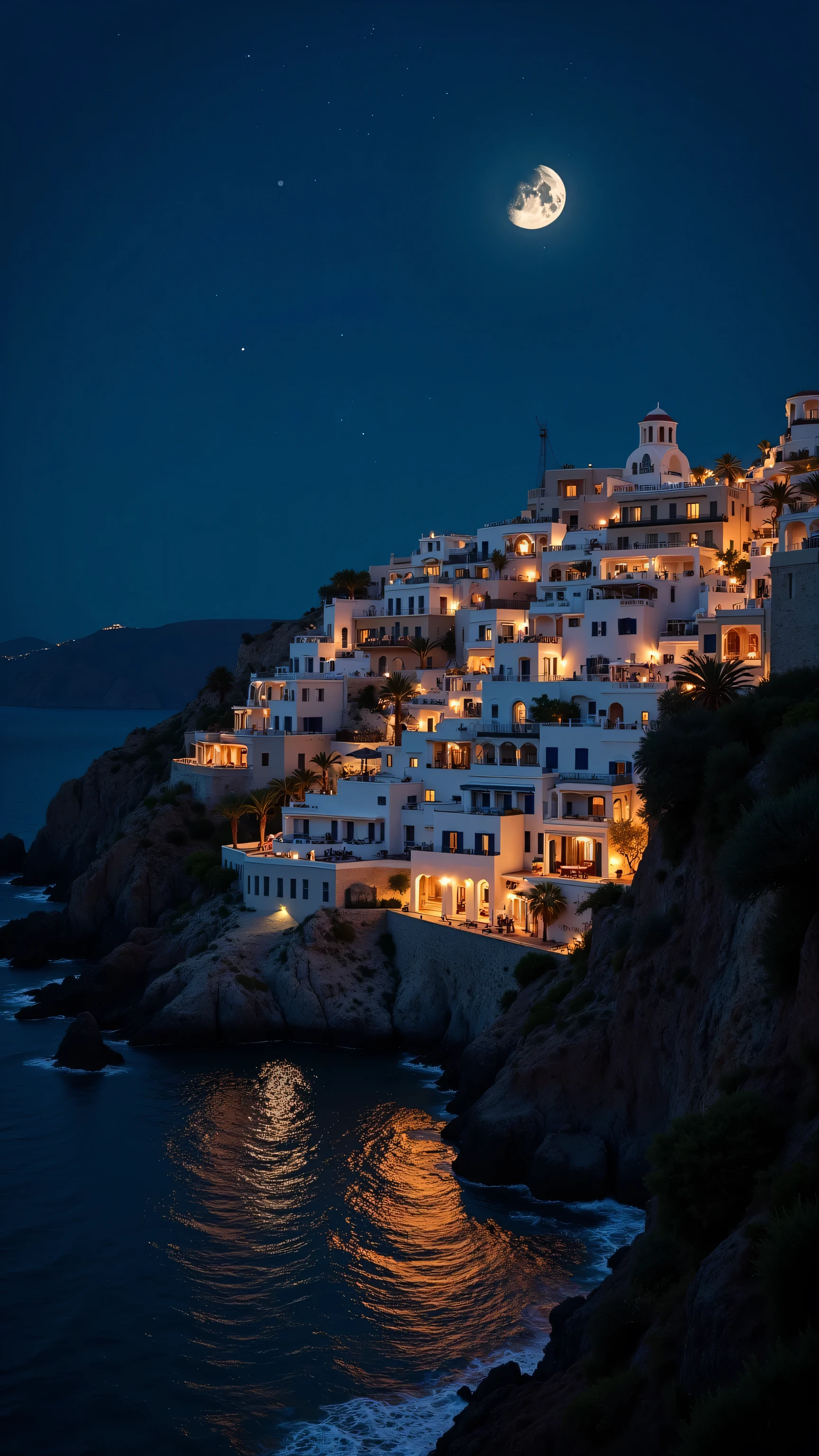 photography, Fujifilm XT-4 Viltrox, Mediterranean coastal town, cliffside architecture, moonlit night, glowing windows, full moon reflection on sea, rocky shoreline, Santorini-inspired, warm lights, tiered buildings, blue and gold color palette, romantic atmosphere, palm trees, tranquil ocean, starry sky, cinematic lighting, detailed cityscape, dreamy scenery, photorealistic style
