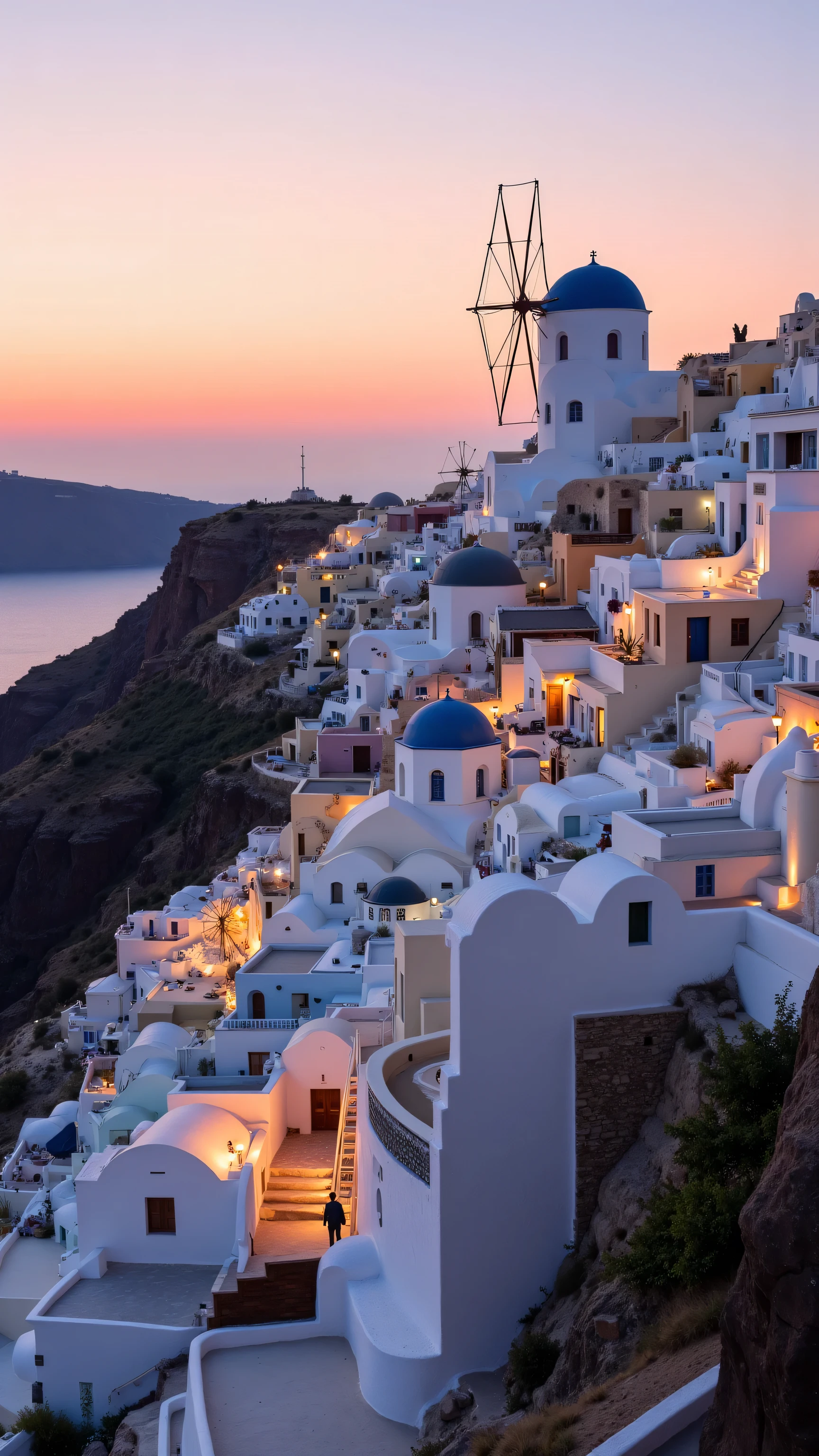 photo, photography, Fujifilm XT-4 Viltrox, Santorini Greece, coastal village, white buildings, cliffside, Mediterranean Sea, sunset, golden hour, blue domes, windmill, winding paths, warm lights, panoramic view, romantic atmosphere, iconic Greek architecture, steep hillside, twilight sky, pastel colors, picturesque landscape, travel destination, high-resolution photography