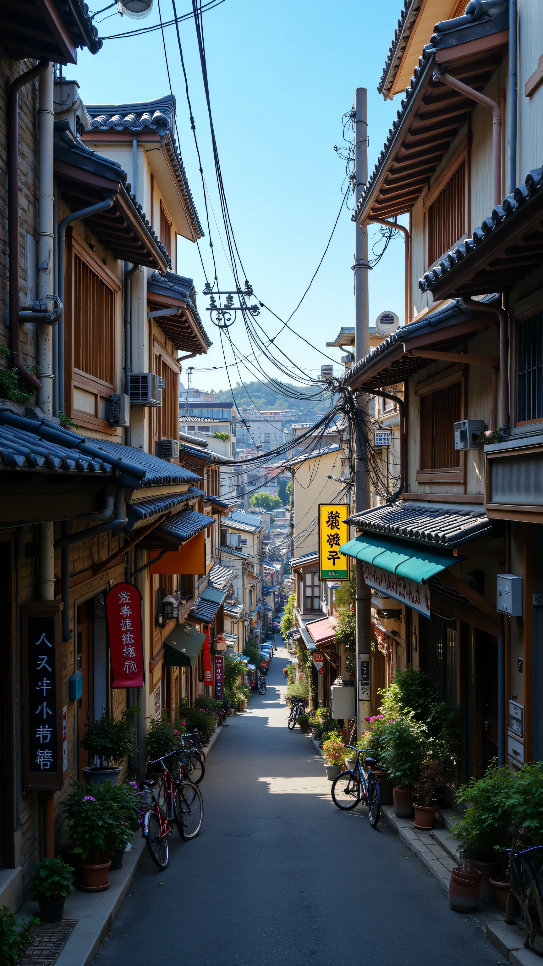 photo, photography, Fujifilm XT-4 Viltrox, narrow alley in korea, traditional buildings, storefronts, urban scene, signage, power lines, bicycles, plants, blue sky, daytime, photorealistic, detailed architecture, nostalgic atmosphere, 