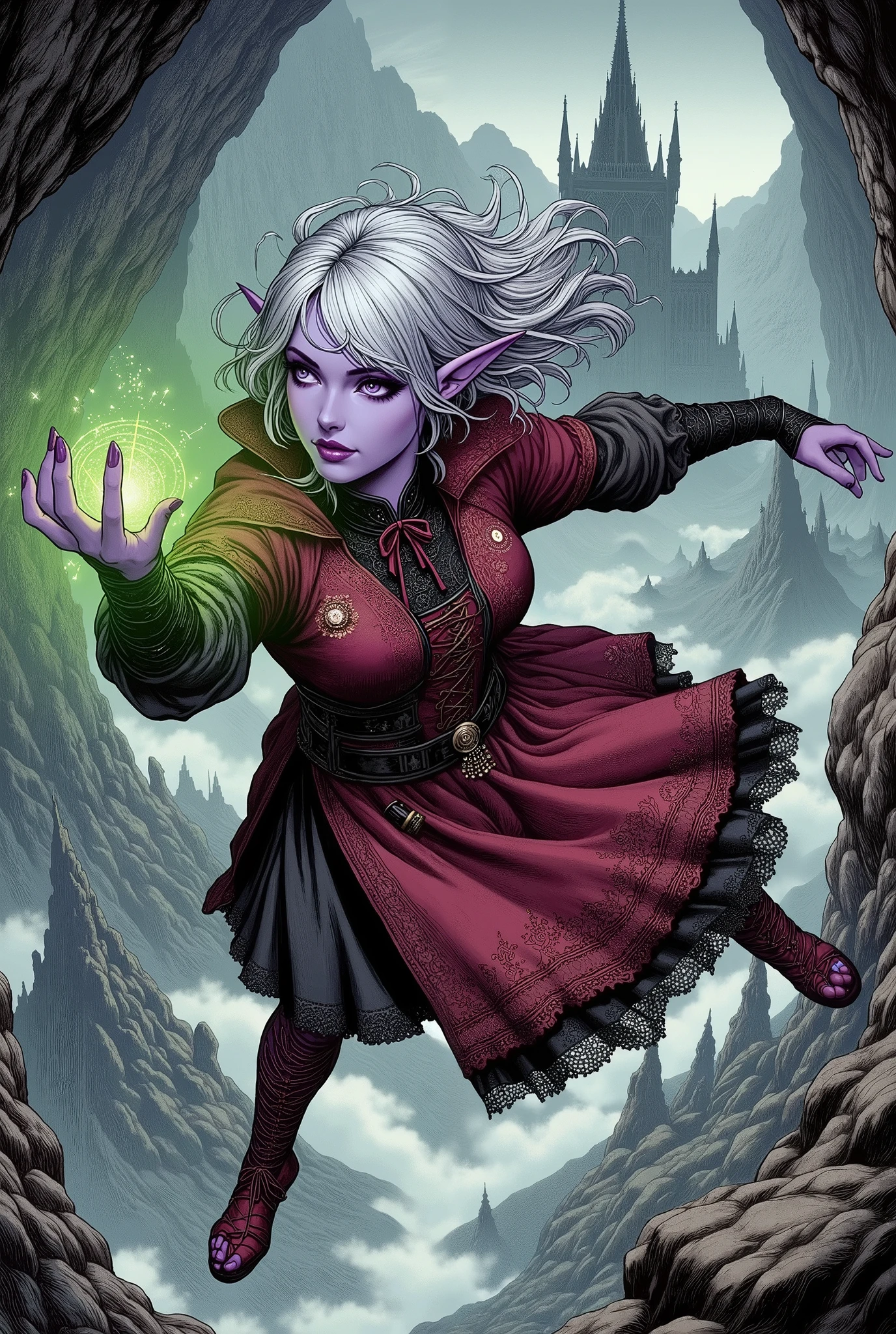 (Ultra-detailed face, Looking away, Gothic Illustration, Dark tone colors. She has five fingers on her hands and five toes on her feet.), BREAK 
(Composition looking down on the ground from above, the underworld, caves, limestone caverns, hidden worlds, medieval Eastern Europe, old and huge underground cities in Gothic style, jet-black spaces, spires, tall clock towers, filled with black gas and miasma, lands inhabited by demons, vast underground kingdoms, appear to float like a hologram.), BREAK 
(A young dark elf wizard floats with her back to the massive underground kingdom near the ceiling of the cavern, looking down on the gloomy subterranean city. She holds a gyroscope in her hand that glows green with bold poses and large movements.), BREAK 
(She has white hair, white eyebrows, blunt bangs, long wavy hair down to her feet, small pink lips, lavender eyes, dark purple skin, and thick eyeliner. Her hair flutters in the strong wind blowing up from below.), BREAK 
(She wears a crimson ribbon tie and a crimson cape dress with black lace ruffles and gold thread embroidered roses. She wears crimson laced sandals.)