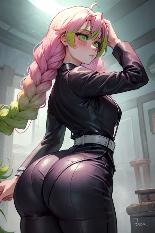 Hyper realistic super detailed sexy Mitsuri Kanroji, NSFW, Very detailed, expressions faciales sexy, seductive facial expressionace detail: 1.4): 0.4], 16K resolution, 4k resolution, dinamic lighting, High definition resolution, (sexy pose, Position attrayante), (hyper realistic: 1.4), (back light: 1.2), (sun light: 1), (pleine hauteur: 1.8),(contrasting background: 1.5), (??????? of the hyperrealistic arm), (Hyperrealistic anatomy of the legs), (peau propre), (lighting cinematic: 1.7), (intime), (Technologie NVIDIA RTX Ray Tracing), (Ventre plat parfait), (image couleur),Create a 4K resolution, ultra-realistic, and extremely detailed artwork featuring a Mitsuri Kanroji CEO in a corporate office setting with a provocative style. Mitsuri Kanroji  the central character in the artwork, known for her commanding presence and bold appearance. She  seated at her executive desk in a modern office with large windows offering a cityscape view.

 ((Mitsuri Kanroji (demon slayer))), a girl with long green-pink gradient hair and green eyes, green hair, gradient hair, multicolored hair, long hair. Sha has a commanding presence. She has a provocative yet professional silhouette, with a tailored business suit that subtly emphasizes her figure. Her makeup  bold, with striking red lips and a gaze that demands attention.

She  dressed provocatively,  a bold fashion statement. bright leotard, a touch of glamour to her overall appearance.