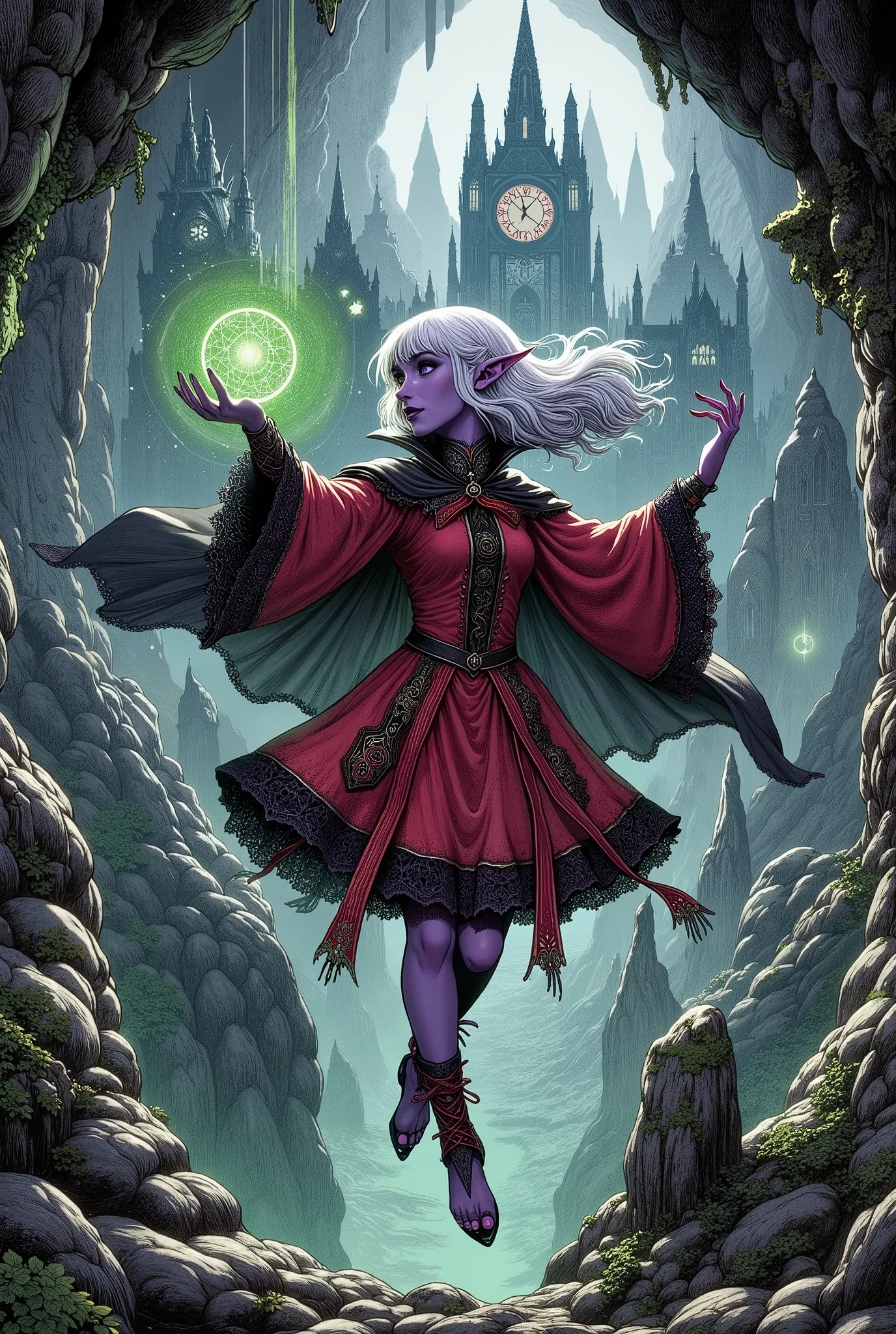 (Ultra-detailed face, Looking away, Gothic Illustration, Dark tone colors. She has five fingers on her hands and five toes on her feet.), BREAK 
(Composition looking down on the ground from above, the underworld, caves, limestone caverns, hidden worlds, medieval Eastern Europe, old and huge underground cities in Gothic style, jet-black spaces, spires, tall clock towers, filled with black gas and miasma, lands inhabited by demons, vast underground kingdoms, appear to float like a hologram.), BREAK 
(A young dark elf wizard floats with her back to the massive underground kingdom near the ceiling of the cavern, looking down on the gloomy subterranean city. She holds a gyroscope in her hand that glows green with bold poses and large movements.), BREAK 
(She has white hair, white eyebrows, blunt bangs, long wavy hair down to her feet, small pink lips, lavender eyes, dark purple skin, and thick eyeliner. Her hair flutters in the strong wind blowing up from below.), BREAK 
(She wears a crimson ribbon tie and a crimson cape dress with black lace ruffles and gold thread embroidered roses. She wears crimson laced sandals.)