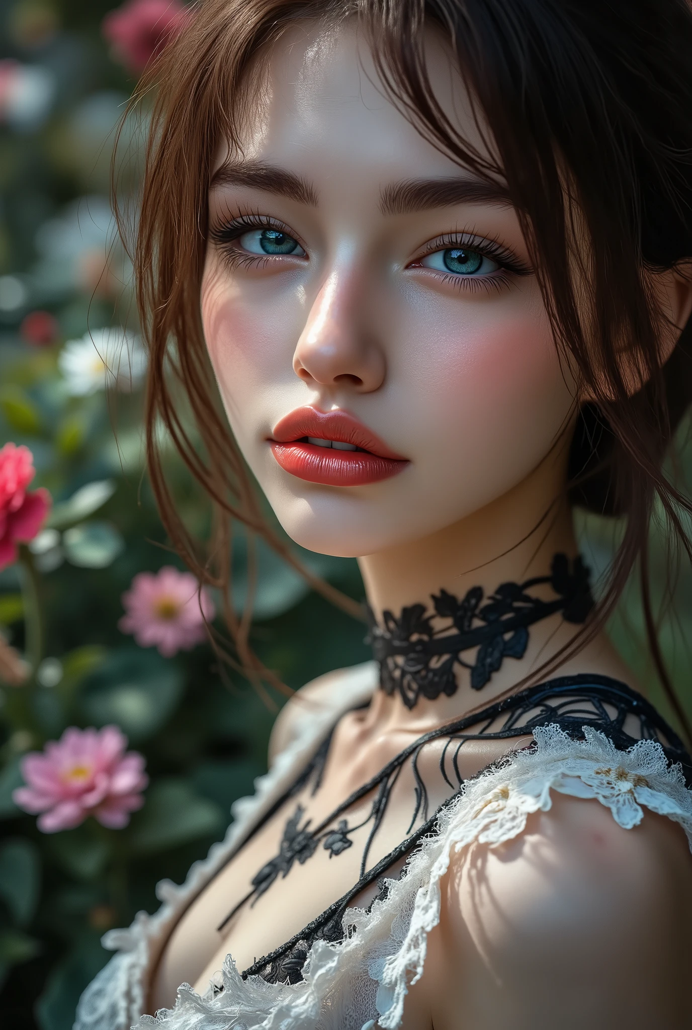 Realistic ((Photorealistic realism)), Hyper high resolution, ((Hyper insanel quality, epice masterciece, intricately detailed digital art)),((focus on extremely Realistic Proportion Body:1.3),"Portrait of {a woman with blue eyes, wearing a dress, standing in a garden}."(ultra realistic texture details: velvety skin, hair), ((sharp focus, no blurry eyes, Hyper absurd quality, Hyper details,Hyper realistic eyes:1.4)),((extra narrow eyebrows)),(Carefully draw Long blue_mascara:1.33),(perfect round eyes), (finely detailed pupils, (extremely fine details pupils)), detailed lips:1.3, (apply glossy red_lipstick:1.3), (perfect proportions:1.2), (White tight Dress made of lace fishnet), (Dolce & Gabbana, Floral style:1.26), (elegant fashion, intricate details:1.23), floral couture, (clothes made of silk and flower), (Wearing tight fitting dresses)), (black latex:1.25), latex bodysuit laced), (Intricately details multi-layer (Ruffled Black Gothic Punk Skirt), lace with fishnets:1.3), (white lace-up:1.3), dslr, high quality split lighting, sharp focus captured by Fujifilm XT3, f 5.6,(perfect composition),((look at the viewer)), HDR, UHD, studio lighting, physically-based rendering, vivid colors,
