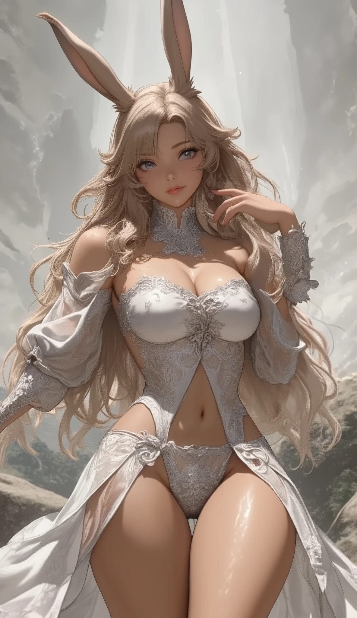 Final Fantasy Style , Takahashi Kazunari's masterpiece, (((nudity:2.0))), depiction of a face expressed in great detail, Detailed Eyes 、Detailed faces、Hair drawn down to the smallest detail 、Solo Female Viera , beautiful , 32K, enchantment, masterpiece, top quality, White Background , , Has Her Ears Covered and Can't Be Seen, (( big breasted, deep cleavage, transparent beautiful pink nipples )), Tranparent dress without chest, (((exposing breasts and pink nipples:2.0)), (((nudity:2.0))), sexy long legs, , full body, close up