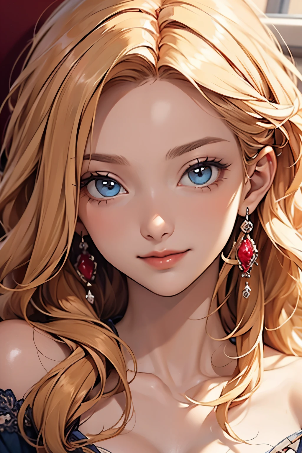 cute girl, ( ash-blond hair ), ((Very cute hair)),  perfect face,  innocent smile,  upper body,(Cerulean Eye), (Yang),(slender), ((Only 16)),  , Extreme detail,  attractive oval face ,  red lips,  pink, Glossy Skin,  detailed hair ,  facial focus, Close-up bust ,  gorgeous hair ornament ,  gold earrings , (( in the seat)),  embarrassed expression,