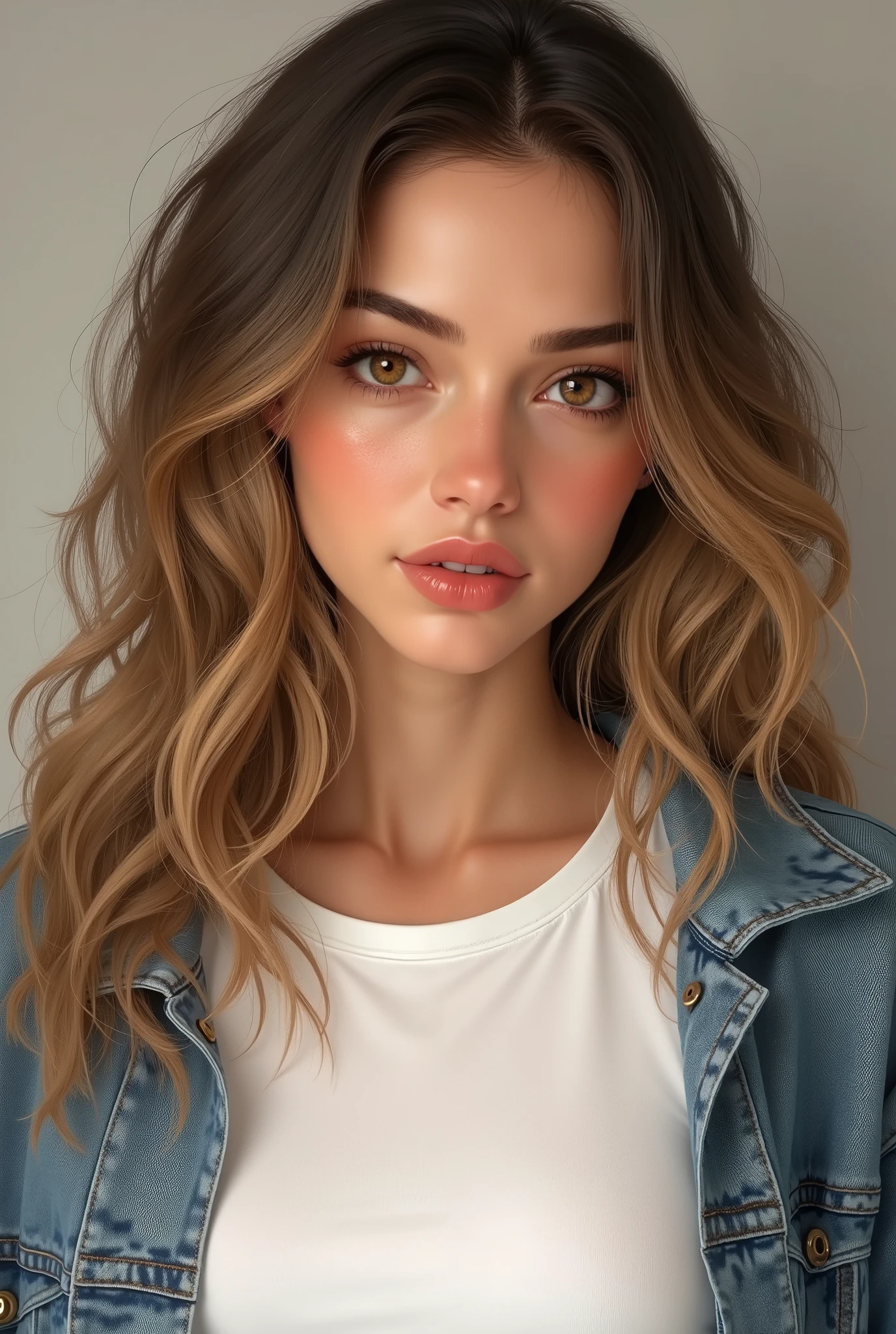 19 year old woman, light brown hair with some blonde highlights, her hair is long and wavy, her eyes are amber in color, she has pink lips and tanned skin, she wears a white t-shirt and a denim jacket.