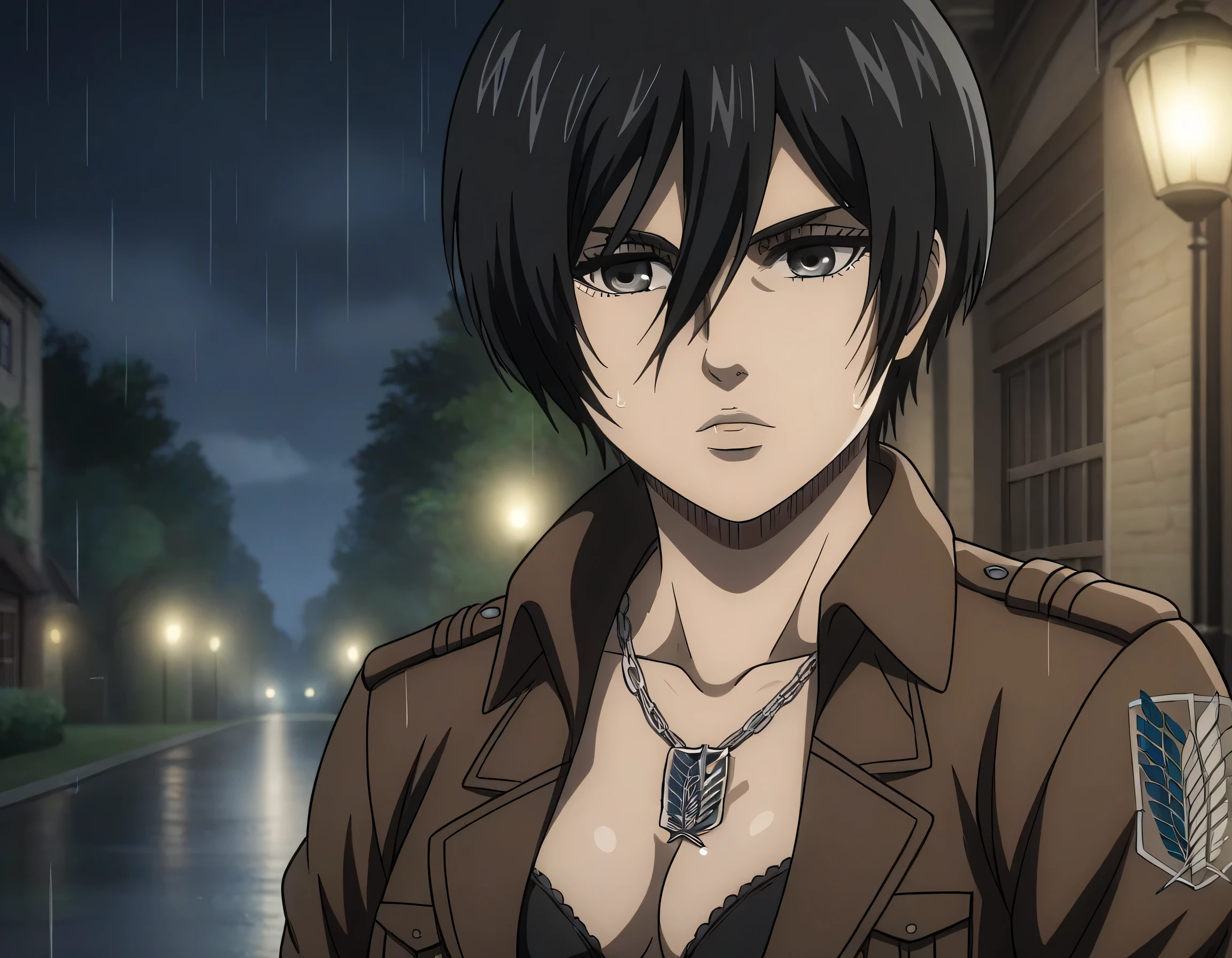 score_9, score_8_up, score_7_up, BREAK source_anime, mikasa ackrman, grey eyes, black hair, short hair, medium breasts,Mikasa wreanig open green jacket with sport black bra and black loose military trousers,mikasa with good looking body,perfect lighting,mikasa final season design,mikasa mappa version,walking on street,Perfect generation,mikasa boy hairstyle,mikasa season 4 version,attack on titan graphics,in night,HD wallpaper,perfect colors,pixie cut hairstyle,fighting face,raining,wet body,mikasa wreanig chains necklace,mikasa flat stomach,mikasa only six-pack,normal body size,anime style,tone six-pack,attack on titan season 4 style,solo,1girl,white light skin