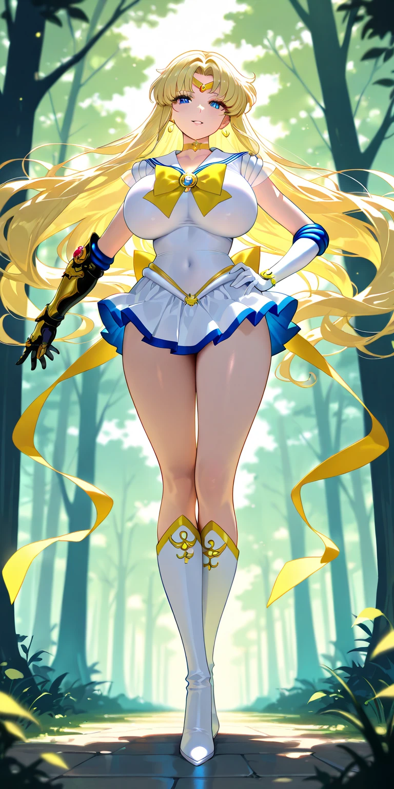8K,original photo,Best quality,masterpiece:1.2),(Ultra-high resolution:1.0),detailed illustration,detailed,(Realistically,Honesty:1.37),Delicate and beautiful skin,Two long legs,close up,Sexy,fighting,huge breasts, Huge ass, big legs, plump body, sexly, Sailor Moon,Sailor Moon,Double tail,blond, #5: Parted Bangs, Hair accessories, Crescent facial markings, Jewelry, earrings, Necklace, Fluffy short sleeves, Pink sleeves, heart brooch, White gloves, Elbow gloves, Layered Skirt