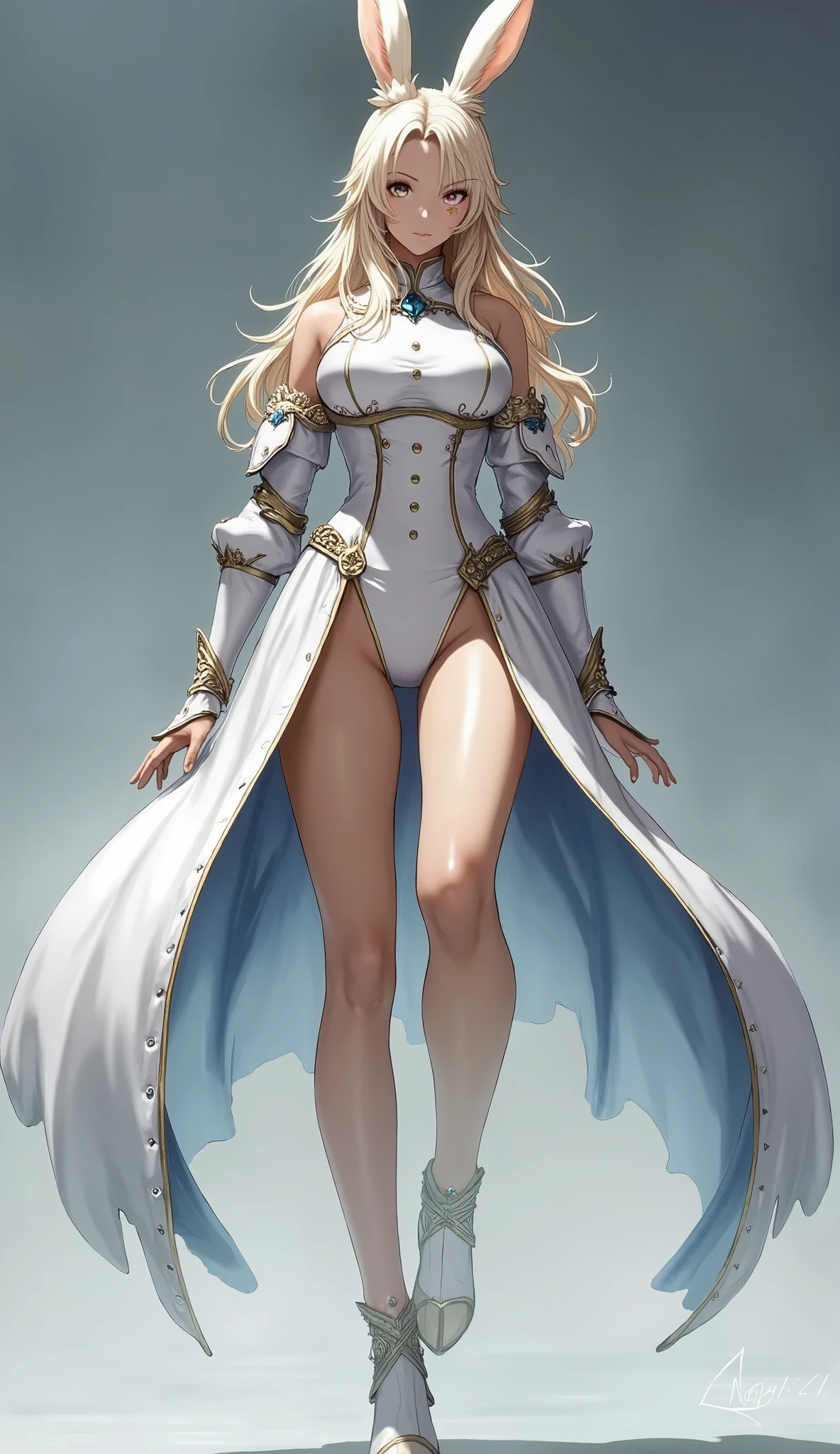 Final Fantasy Style , Takahashi Kazunari's masterpiece, (((nudity, naked:2.0))), depiction of a face expressed in great detail, Detailed Eyes 、Detailed faces、Hair drawn down to the smallest detail 、Solo Female Viera , beautiful , 32K, enchantment, masterpiece, top quality, White Background , , Has Her Ears Covered and Can't Be Seen, (( big breasted, deep cleavage, transparent beautiful pink nipples )), Tranparent dress without chest, (((exposing breasts and pink nipples:2.0)), (((nudity:2.0))), (topless:1.9), sexy long legs, , full body, close up