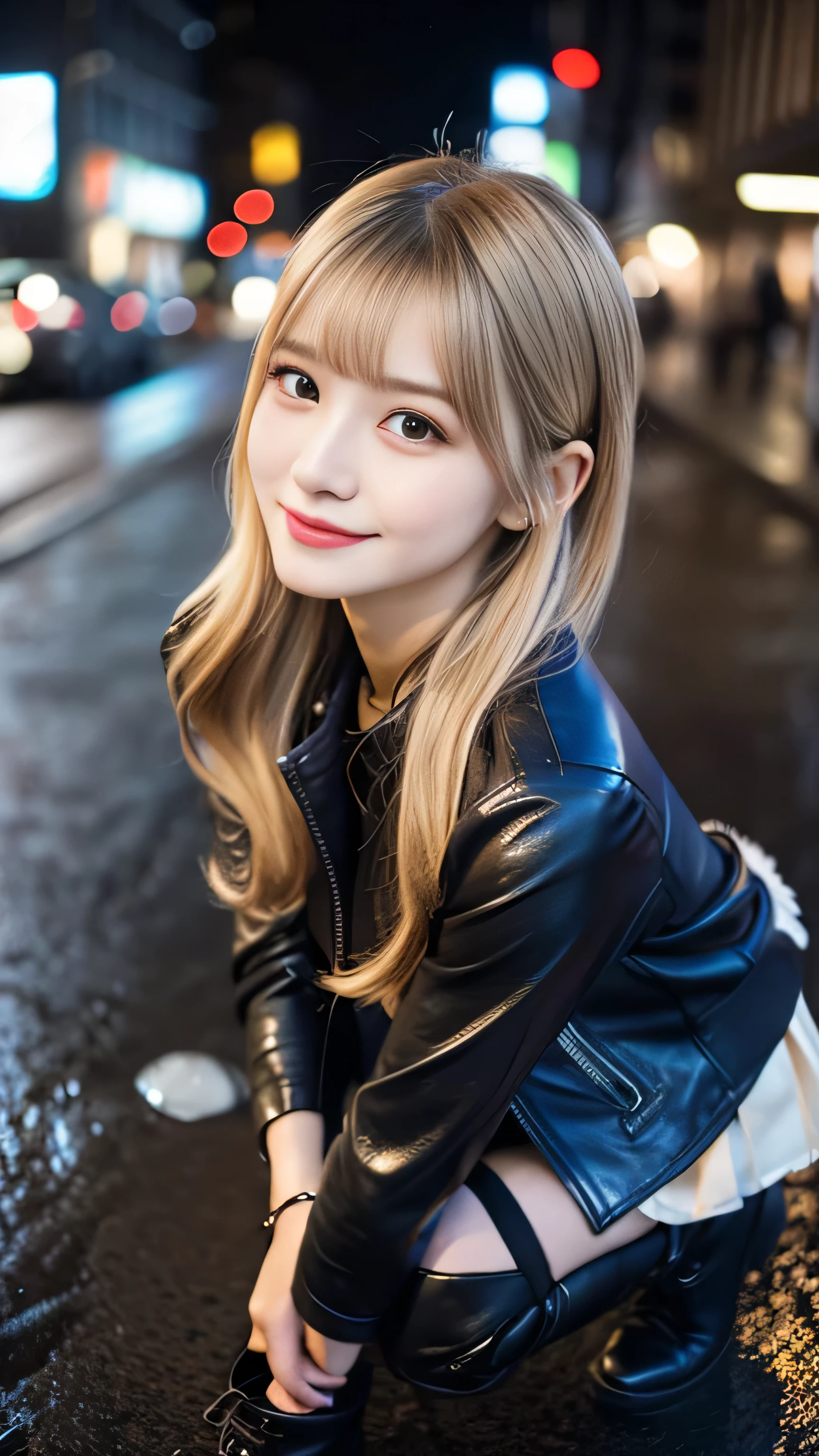 front view:1.5, large breast:1.4, full body photo,((focus on crotch)), genuine leather inner tube top, she is in a room,standing on a hard rainy street, one girl, High resolution ,blonde hair, Light Hair Color, sexy, Beautiful eyelashes ,High resolution ,Zoom out ,20-year-old ,Highest quality ,Very detailed ,Finer details ,High resolution ,8k wallpaper ,Beautiful eyes in every detail ,Natural lip color ,very beautiful:1.5, Full body,front view:1.5,looking camera, (riders leather thick Jacket,knee high boots, very high gloss,brown leather pleated mini thick skirt, Little Devil Smile), curvy thighs:1.5, (a beauty girl, delicate girl:1.3), break, very fine eyes, (symmetrical eyes:1.3), break,brown eyes, parted bangs,best smile, break, (eyes and faces with detailed:1.3), break, (masterpiece, best quality, ultra detailed, detailed face, 8k)