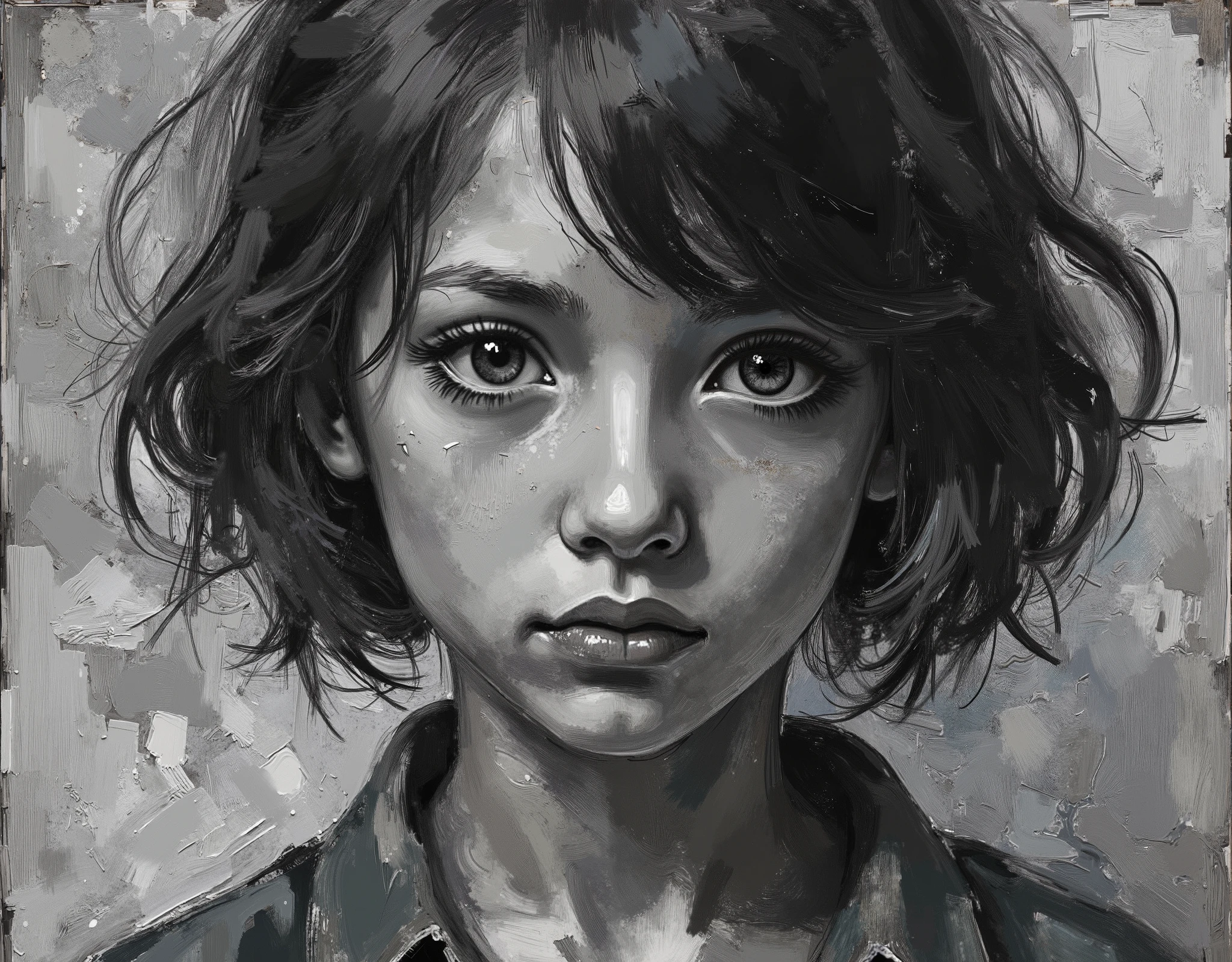 young girl painted in a picture, with cut black hair, realistic painting with charcoal in Black and White 
