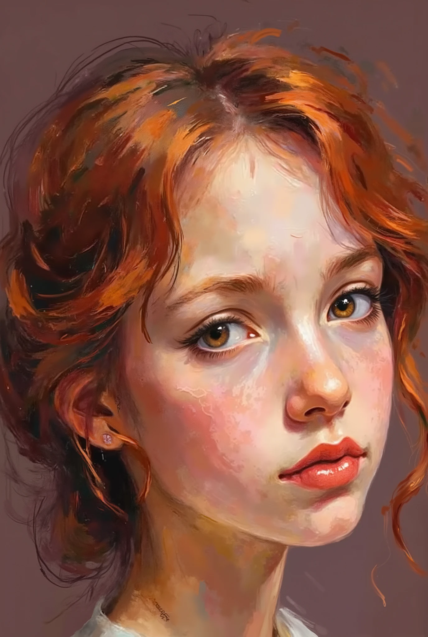 young girl painted in a picture, with Red hair, realistic painting with charcoal in Black and White