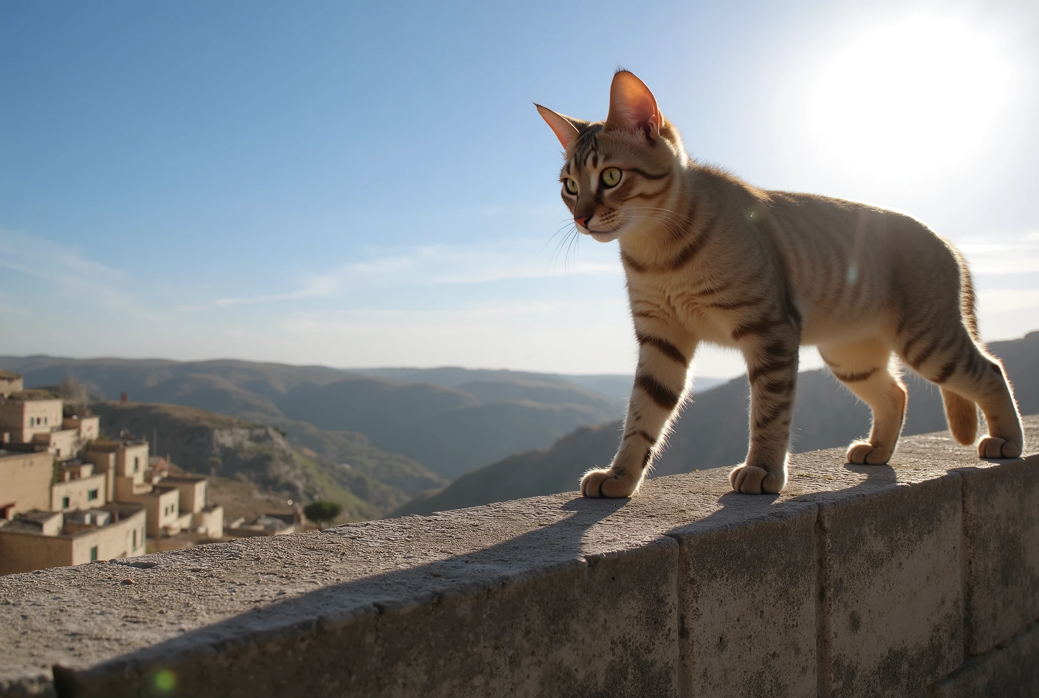 Photo realistic, Close-up photo of a cat, The cat is walking on top of the high tuff wall in front of it. The sun is just beyond the cat, making it backlit. Focus on the cat's face, close-up, from below, (Matera scene in backgroud, "Sassi di Matera"). UHD, masterpiece, anatomically correct, super detail, high details, high quality