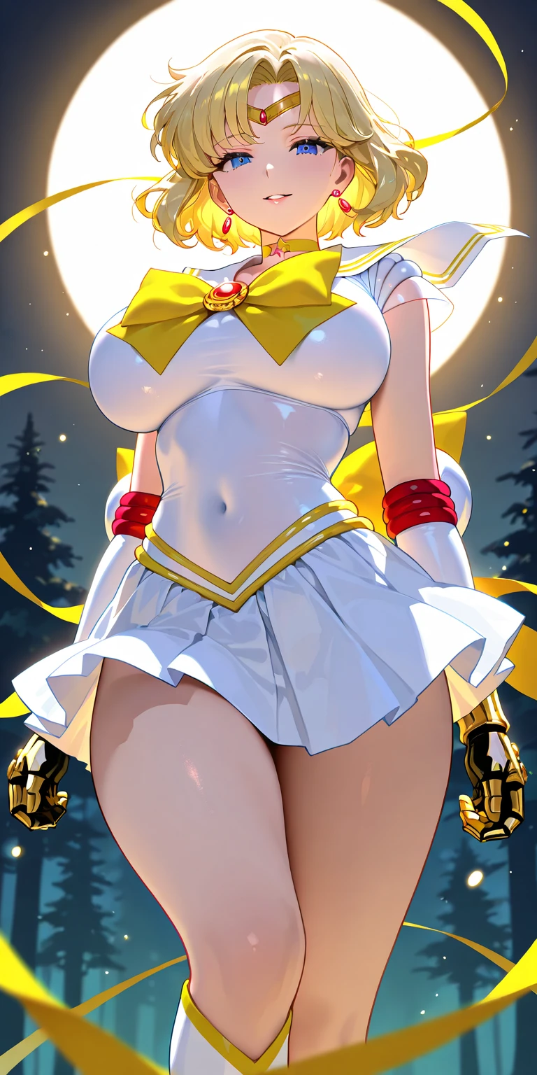 masterpiece, best quality, (1girl), supersailormoon, detailed face, smile, nigh sky, moonlight, moon, sakura trees, white gloves, detailed eyes, detailed face, fullbody, galazy background, gigantic breasts, giga_busty, front view from below