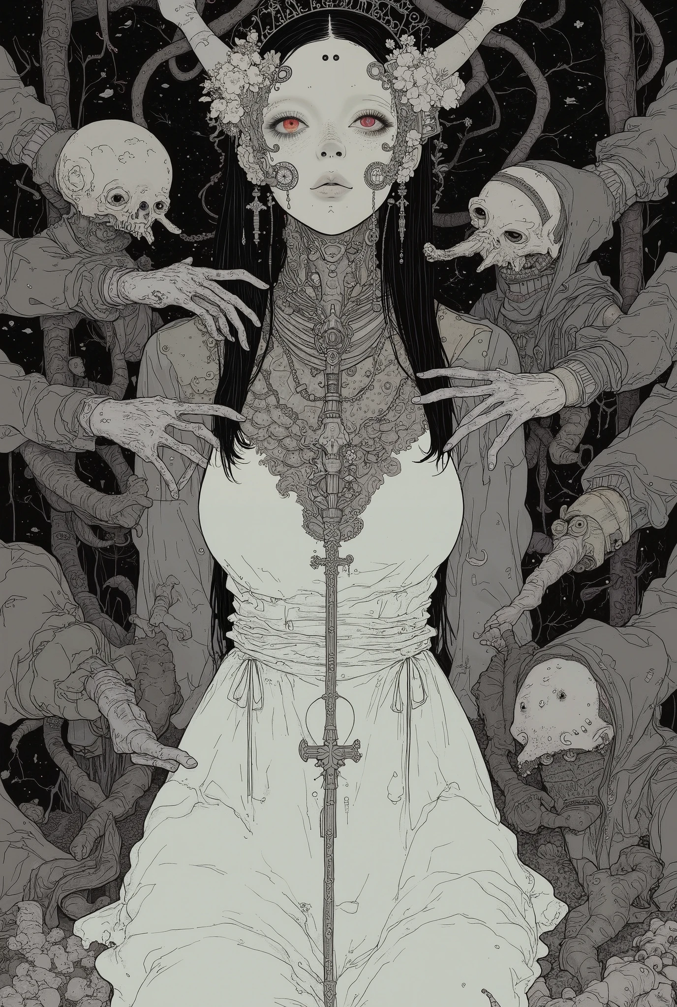 Gruesome ghost by Junji Ito Horror Manga, grotesque, creepy, high detail, intricate background