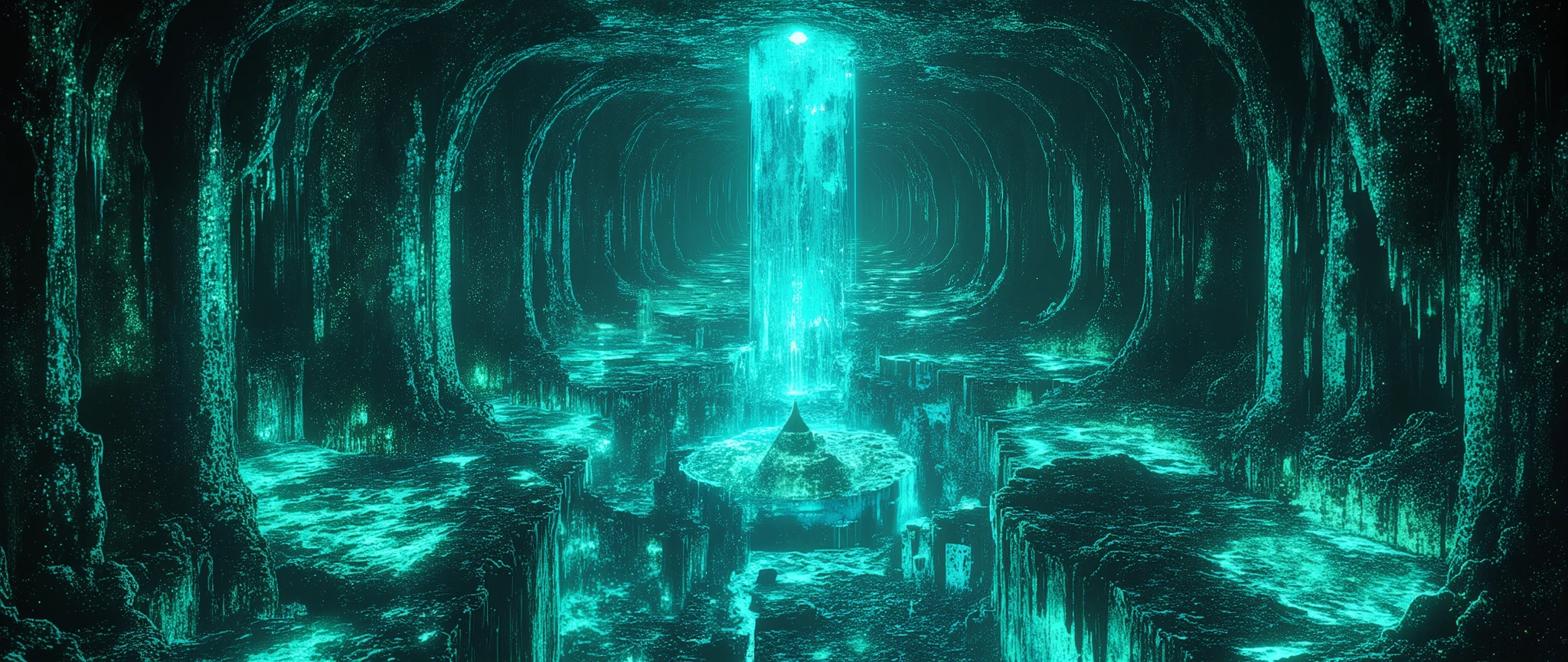 Subterranean crystal metropolis, bioluminescent mushroom forests casting cyan glow, (ancient obsidian monoliths with glowing runes:1.2), underground river of liquid mercury reflecting geometric cavern ceilings, (steampunk drilling machines overgrown with phosphorescent vines:0.8), colossal stalactites/stalagmites forming Gothic arches, cave pearls rotating in magnetic fields, (mutant crystalline creatures drinking from azure pools:1.1), holographic mineral maps projected in volcanic glass, molten gold veins pulsing through basalt walls, hyperdetailed geological strata with fossilized dragons, cinematic Dutch angle shot, James Gurney meets Moebius style, 8k unreal engine rendering --style raw --stylize 800