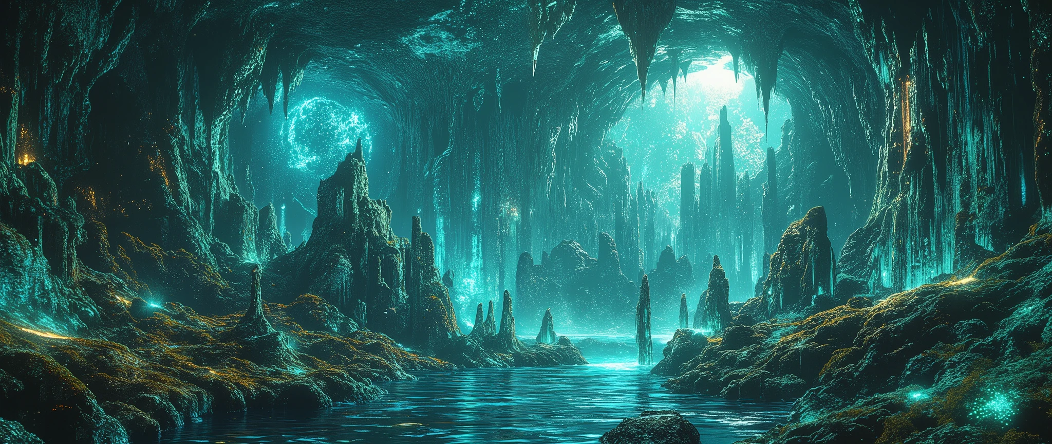 Subterranean crystal metropolis, bioluminescent mushroom forests casting cyan glow, (ancient obsidian monoliths with glowing runes:1.2), underground river of liquid mercury reflecting geometric cavern ceilings, (steampunk drilling machines overgrown with phosphorescent vines:0.8), colossal stalactites/stalagmites forming Gothic arches, cave pearls rotating in magnetic fields, (mutant crystalline creatures drinking from azure pools:1.1), holographic mineral maps projected in volcanic glass, molten gold veins pulsing through basalt walls, hyperdetailed geological strata with fossilized dragons, cinematic Dutch angle shot, James Gurney meets Moebius style, 8k unreal engine rendering --style raw --stylize 800
