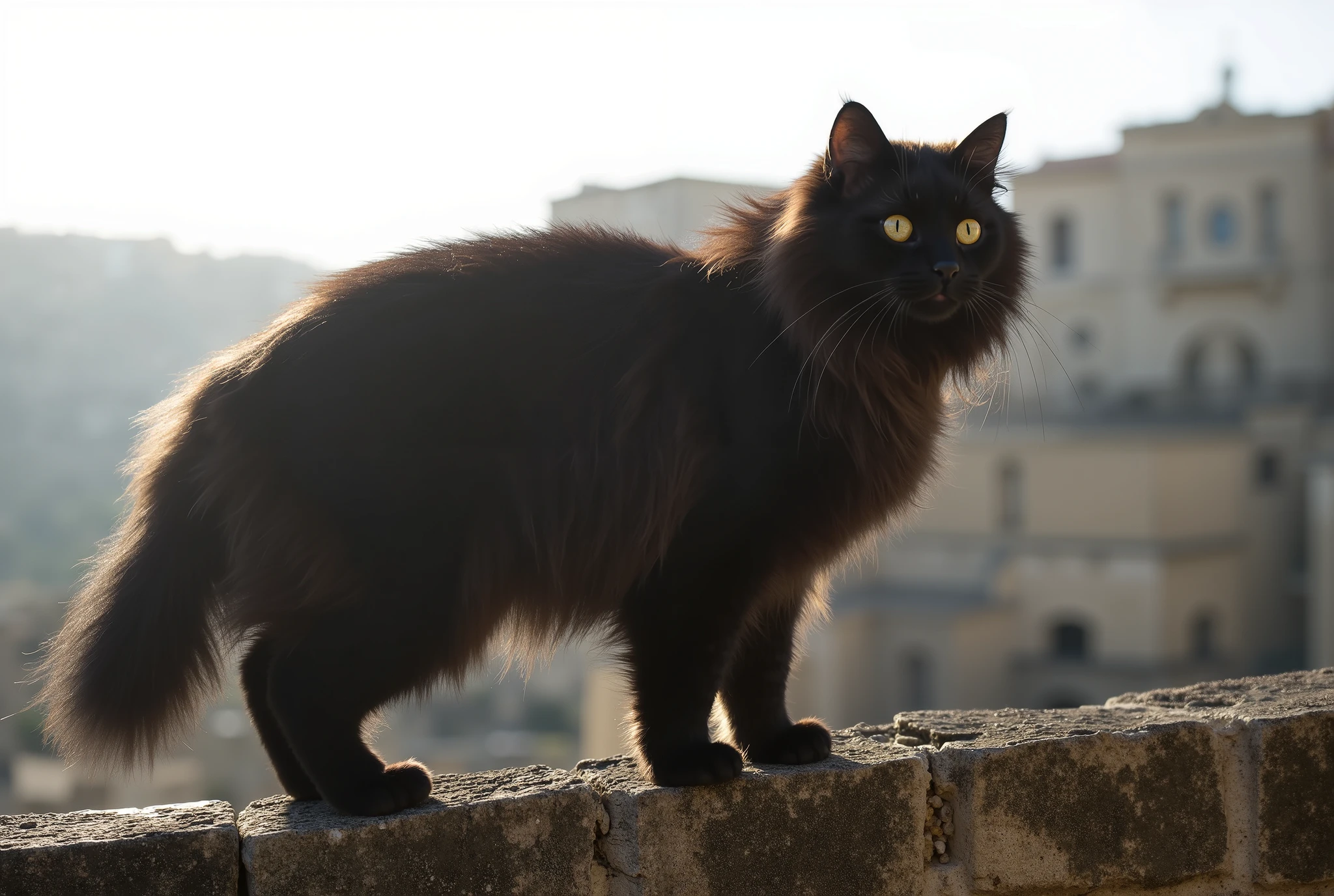 Photo realistic, Close-up photo of a long-haired black Persian cat, The cat is walking on top of the high tuff wall in front of it. The sun is just beyond the cat, making it backlit. Focus on the cat's face, close-up, from below, (Matera scene in background, "Sassi di Matera"). Blurred foreground, blurred background. UHD, masterpiece, anatomically correct, super detail, high details, high quality