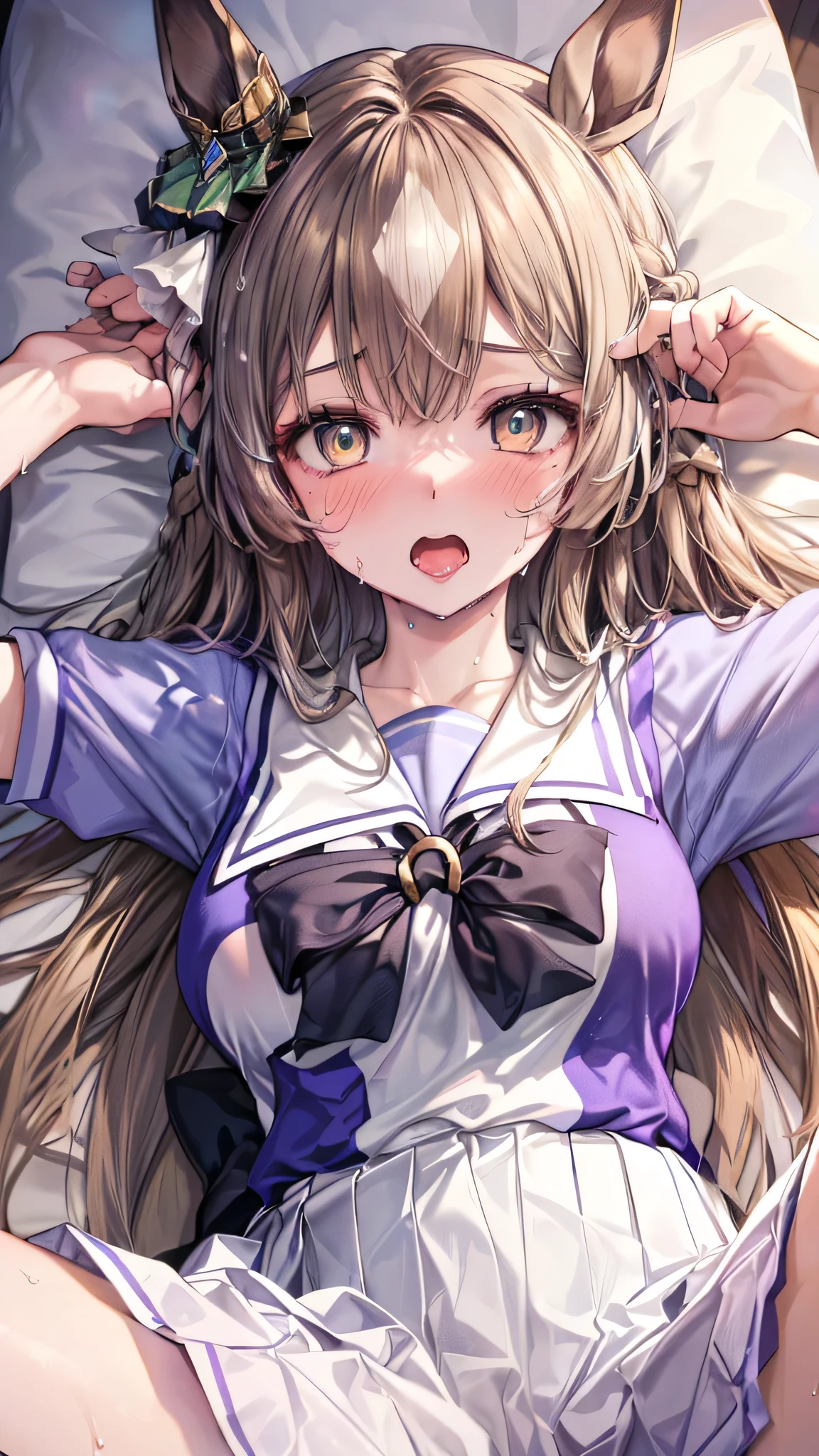 (Illustration of upper body:1.2), (masterpiece, sidelighting, finely detailed beautiful eyes, ultra-detailed, ultra high res, high quality makeup, beautiful detailed eyes:1.2), sexy, big eyes, drooping eye, (bed room), (1 girl:1.4), (school uniforms, summer uniform:1.6), (huge breasts:1.2), (slender body:1.3), (blush cheek:1.4), (Extremely cute:1.2), (extremely detailed beautiful face:1.2), (Authentic skin texture:1.4), (beautiful hair, beautiful face, beautiful eyes, beautiful hands), satono diamond \(umamusume\), (orgasm:1.6), (sexual aroused, sexual ecstasy climax face focus:1.6), (clothed:1.6), (shy:1.4), (face focus:1.6), (sweat:1.6), (arms up:1.3), (lying on back:1.4), (spread legs:1.6), (legs up:1.4), (sex:1.1), (erect nipples:1.2)
