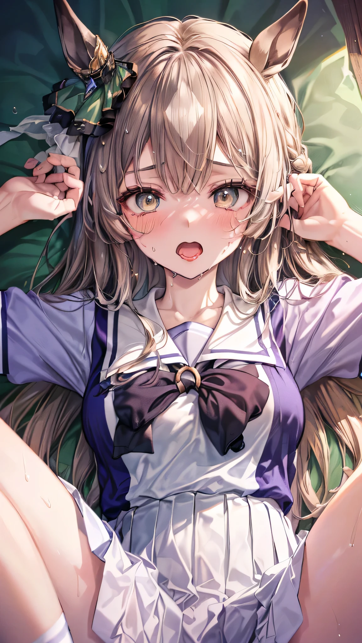 (Illustration of upper body:1.2), (masterpiece, sidelighting, finely detailed beautiful eyes, ultra-detailed, ultra high res, high quality makeup, beautiful detailed eyes:1.2), sexy, big eyes, drooping eye, (bed room), (1  girl:1.4), (school uniforms, summer uniform:1.6), (huge breasts:1.2), (slender body:1.3), (blush cheek:1.4), (Extremely cute:1.2), (extremely detailed beautiful face:1.2), (Authentic skin texture:1.4), (beautiful hair, beautiful face, beautiful eyes, beautiful hands), satono diamond \(umamusume\),  (orgasm:1.6), (sexual aroused, sexual ecstasy climax face focus:1.6), (clothed:1.6), (shy:1.4), (face focus:1.6), (sweat:1.6), (arms up:1.3), (lying on back:1.4), (spread legs:1.6), (legs up:1.4),  (sex:1.1), (erect nipples:1.2)