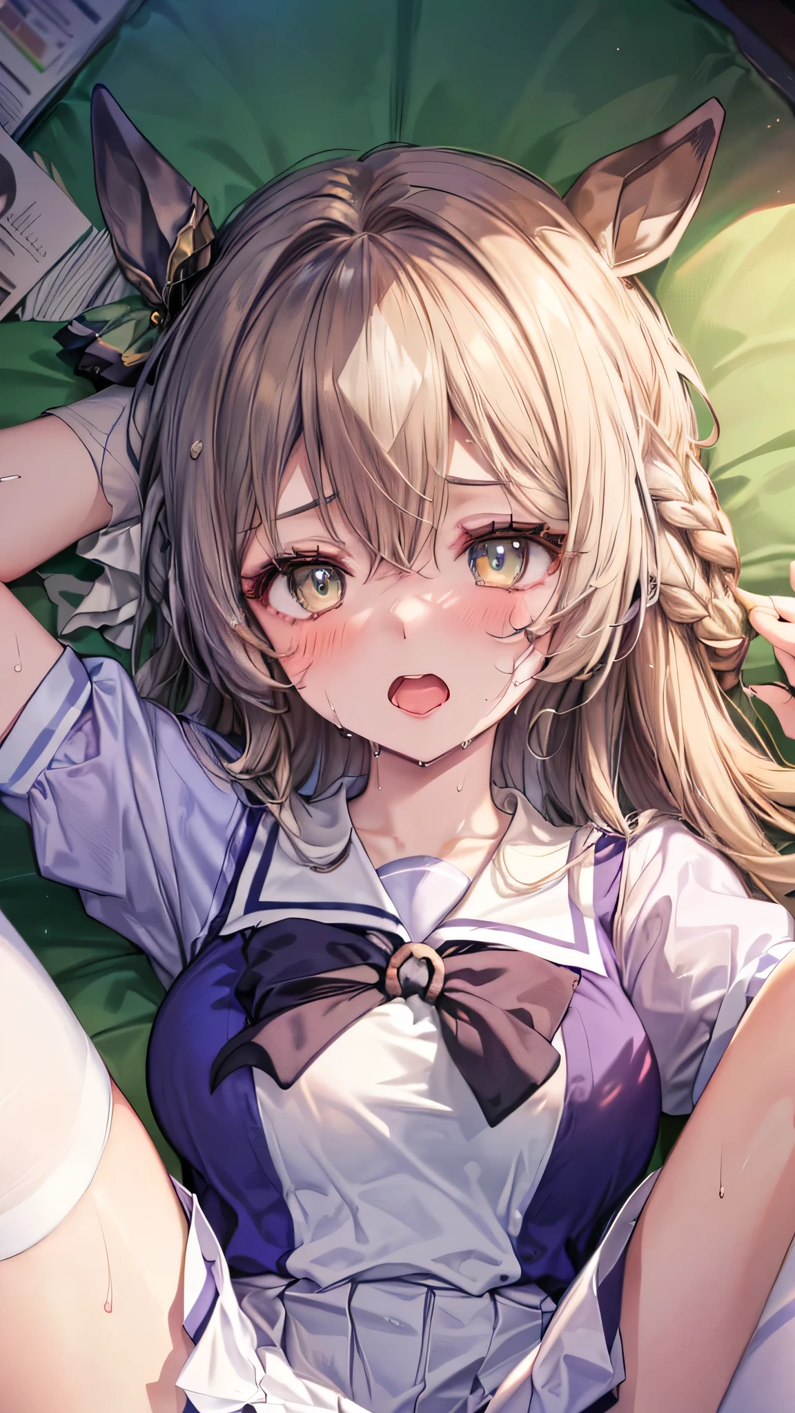 (Illustration of upper body:1.2), (masterpiece, sidelighting, finely detailed beautiful eyes, ultra-detailed, ultra high res, high quality makeup, beautiful detailed eyes:1.2), sexy, big eyes, drooping eye, (bed room), (1 girl:1.4), (school uniforms, summer uniform:1.6), (huge breasts:1.2), (slender body:1.3), (blush cheek:1.4), (Extremely cute:1.2), (extremely detailed beautiful face:1.2), (Authentic skin texture:1.4), (beautiful hair, beautiful face, beautiful eyes, beautiful hands), satono diamond \(umamusume\), (orgasm:1.6), (sexual aroused, sexual ecstasy climax face focus:1.6), (clothed:1.6), (shy:1.4), (face focus:1.6), (sweat:1.6), (arms up:1.3), (lying on back:1.4), (spread legs:1.6), (legs up:1.4), (knee-high socks:1.4), (sex:1.1), (erect nipples:1.2)