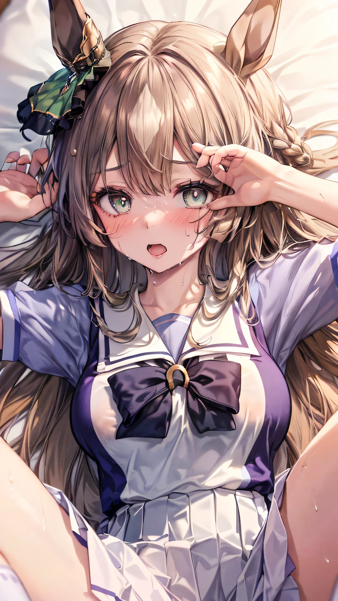(Illustration of upper body:1.2), (masterpiece, sidelighting, finely detailed beautiful eyes, ultra-detailed, ultra high res, high quality makeup, beautiful detailed eyes:1.2), sexy, big eyes, drooping eye, (bed room), (1 girl:1.4), (school uniforms, summer uniform:1.6), (huge breasts:1.2), (slender body:1.3), (blush cheek:1.4), (Extremely cute:1.2), (extremely detailed beautiful face:1.2), (Authentic skin texture:1.4), (beautiful hair, beautiful face, beautiful eyes, beautiful hands), satono diamond \(umamusume\), (orgasm:1.6), (sexual aroused, sexual ecstasy climax face focus:1.6), (clothed:1.6), (shy:1.4), (face focus:1.6), (sweat:1.6), (arms up:1.3), (lying on back:1.4), (spread legs:1.6), (legs up:1.4), (knee-high socks:1.4), (sex:1.1), (erect nipples:1.2)