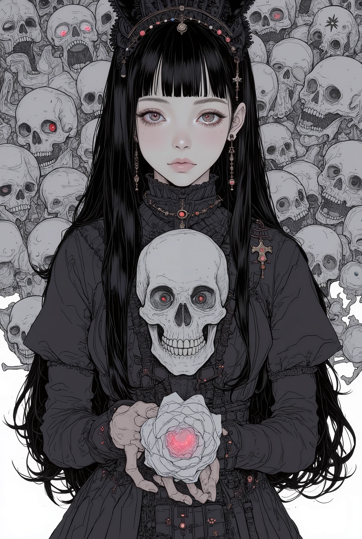 SFW,masutepiece, Best Quality, High resolution, 1woman, upper body, Details , detail hands, Detail fingers, Detail Face, detail legs, watercolor paiting, in graveyard, black hair, long hair, tattered clothes, black eyes, zombie, skull, bone, (art nouveau:1.25), Maximalism artstyle, neon theme, suprematism, crying, beautiful detailed eyes,hyper detailed, beautifuly color, high details, high quality, back light, upper body , high quality, hair with body, cluster amaryllis, zombie, rotungwoka person, priest, black tears, shed tears,