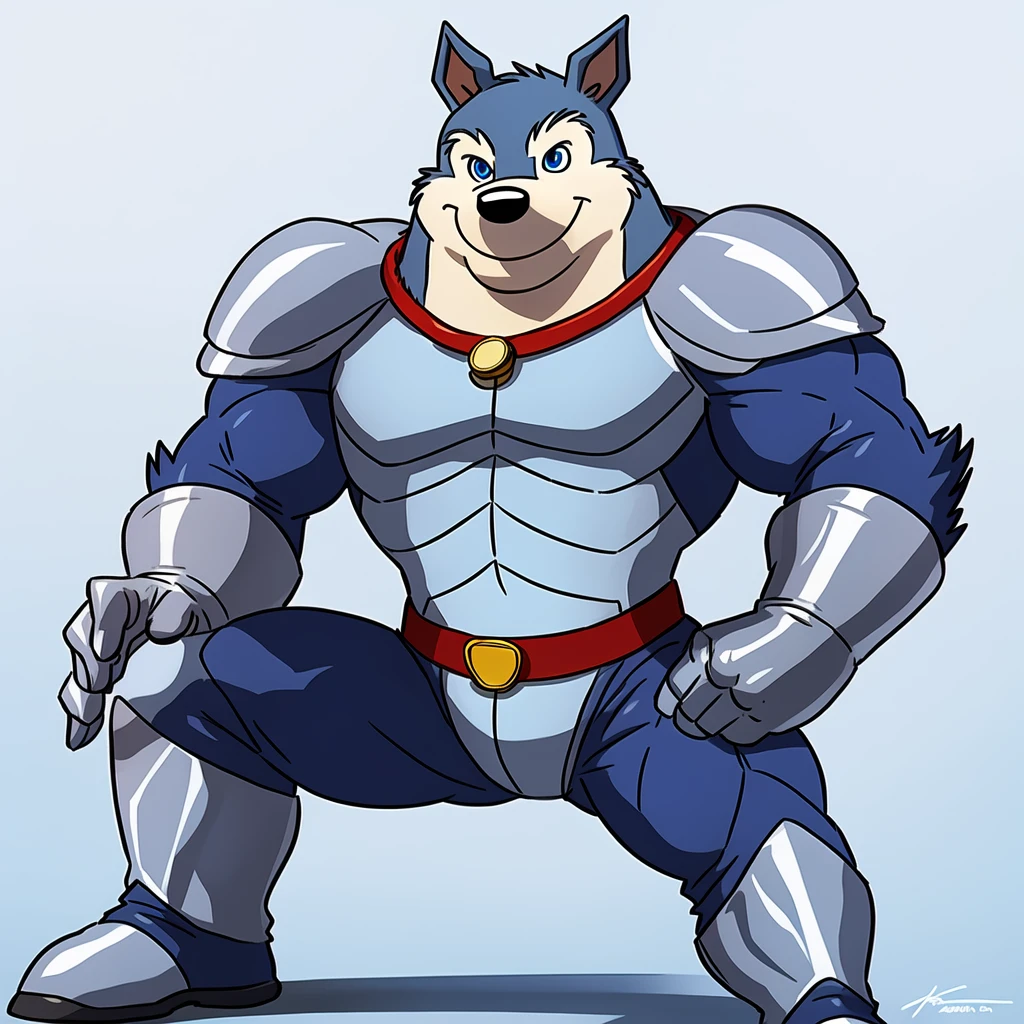 Exiles ( Road Rovers ), Blue fur, White fur, human, Pointed ears, , alone, whole body , Muscle , Pectoral , red collar, Pet Tag Coins , high quality smile, Best Resolution, Cell shade, ( blue eyes, fine eyes):1.1, Silver Uniform , Silver Armor, silver gloves, Silver boots, Red Belt , white background, No Background , stance, looking at the camera , by wfa , by rossciaco , by Taran Fiedler , pointing
