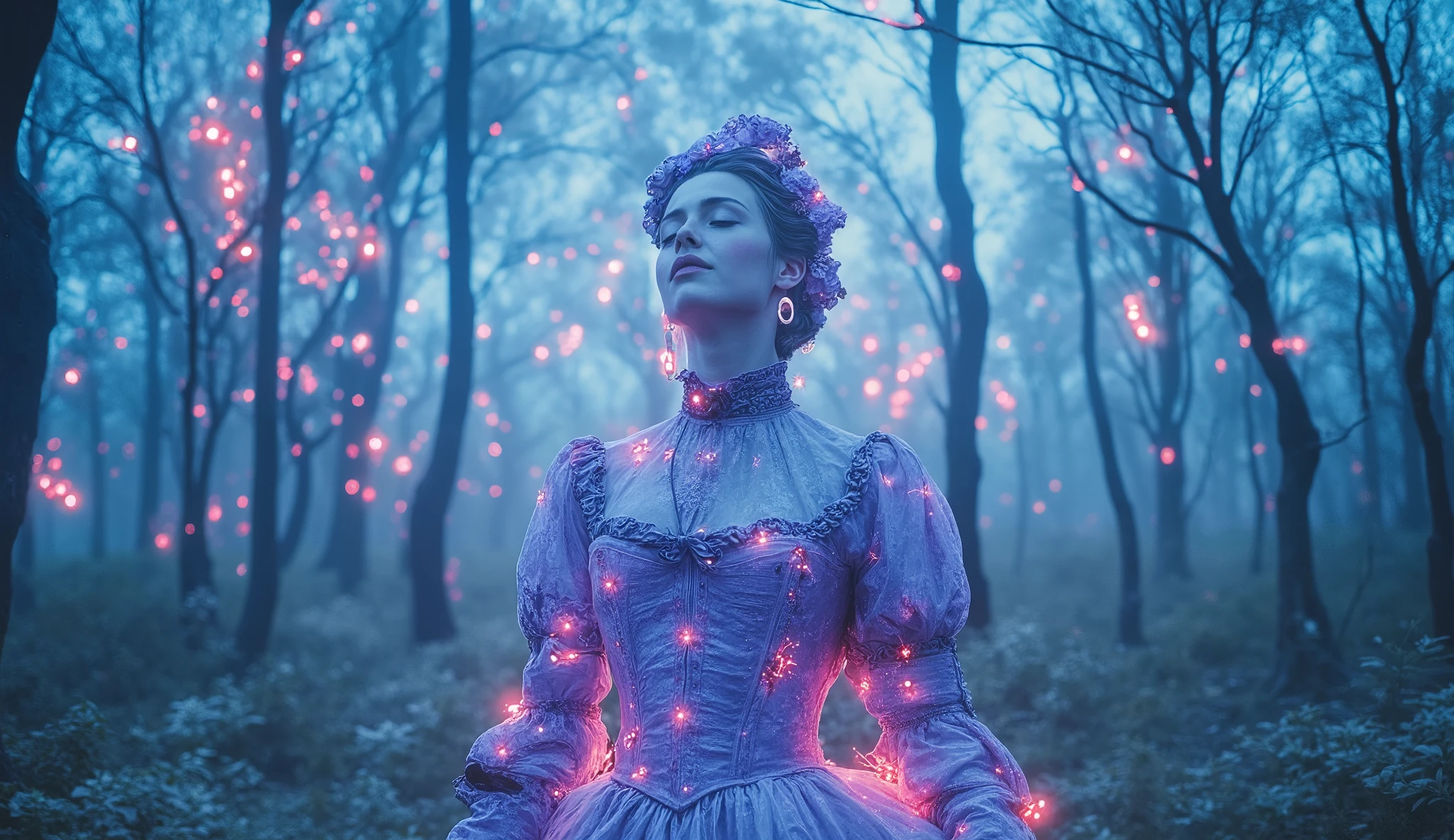 a checkered tunnel with white and black squares with a iridescent rainbow gradient hue, in the background a cosmic setting with vibrant nebulae, a dark ethereal iridescent fairy standing in the tunnel with burning stars for eyes holding a magical crystal ball