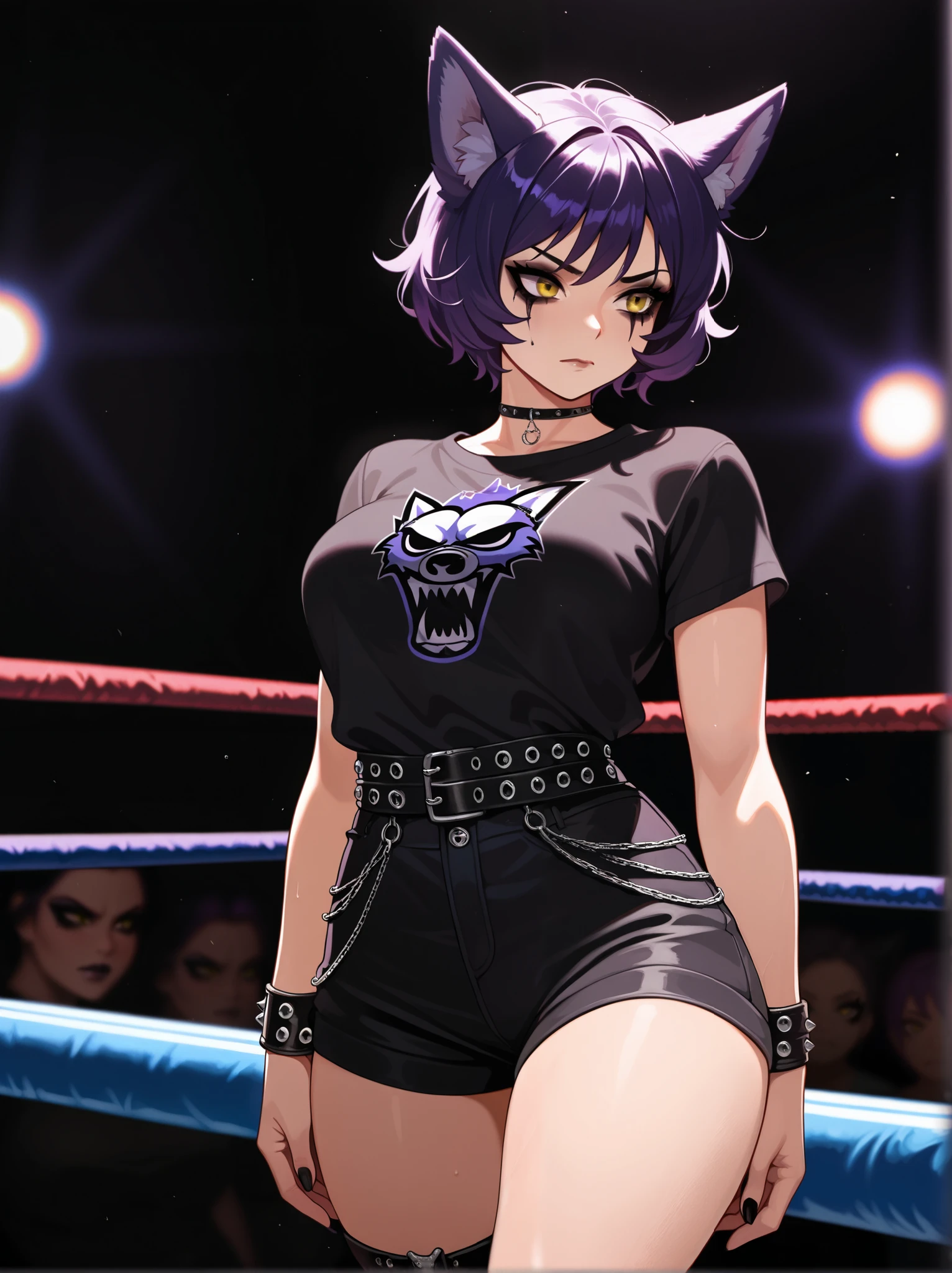 Purple-haired Caucasian woman, in black skull shirt and white cotton high cut panties, purple and black long socks, black lipstick, anime art style, intricate details