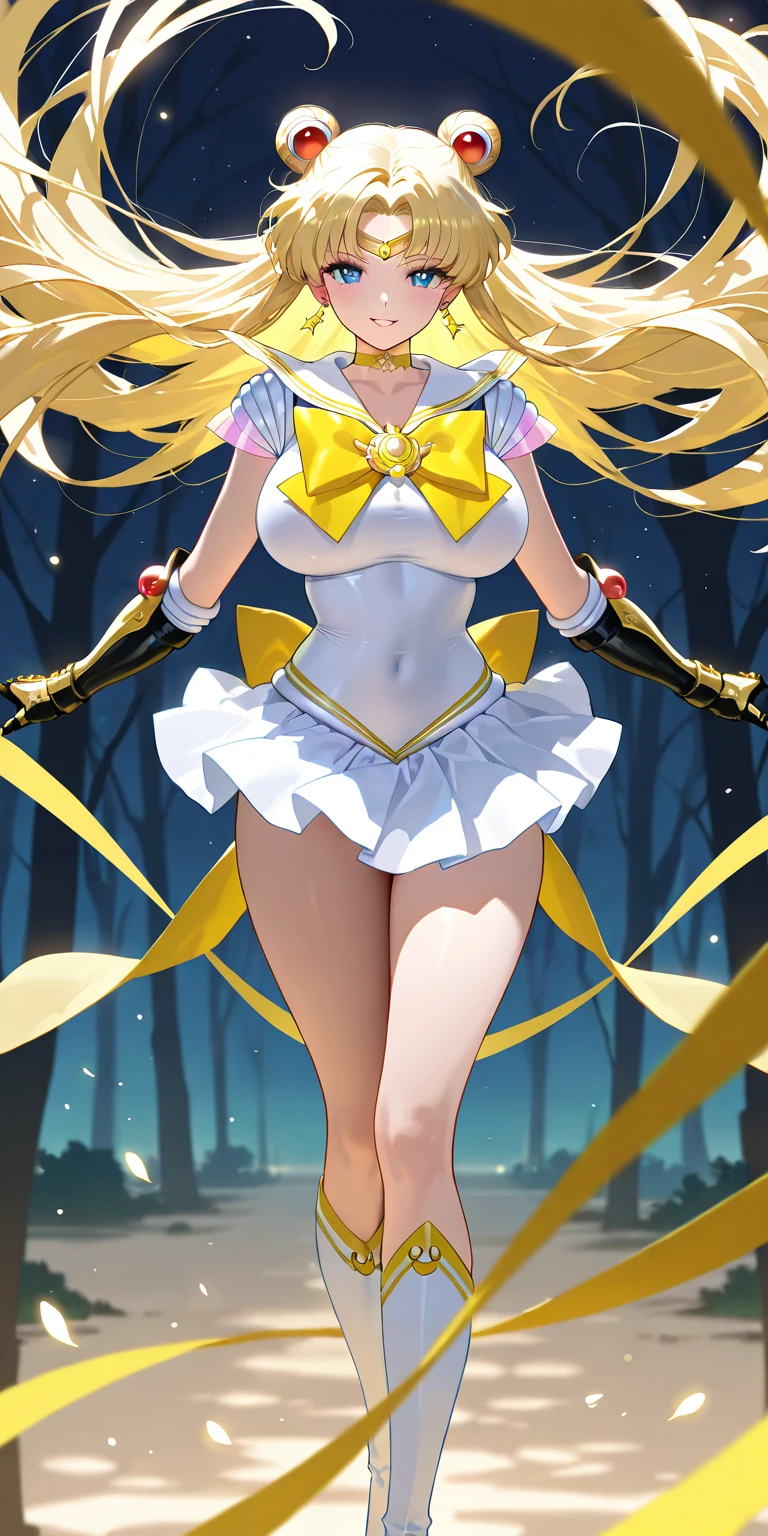 masterpiece, best quality, (1girl), supersailormoon, detailed face, smile, nigh sky, moonlight, moon, sakura trees, white gloves, detailed eyes, detailed face, fullbody, galazy background, gigantic breasts, giga_busty, front view from below