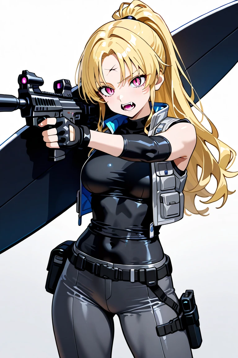 2girl, 19 years old, large breasts, triple D cup breasts, round buttocks, bubbly buttocks, wide hips, bubbly ass, tactical gear, tactical gear , black tactical boots, twin tails, yellow hair, purple eyes, anger, aiming rifle,  standing, war torn city, sharp outline, short sleeve, highest quality, masterpiece