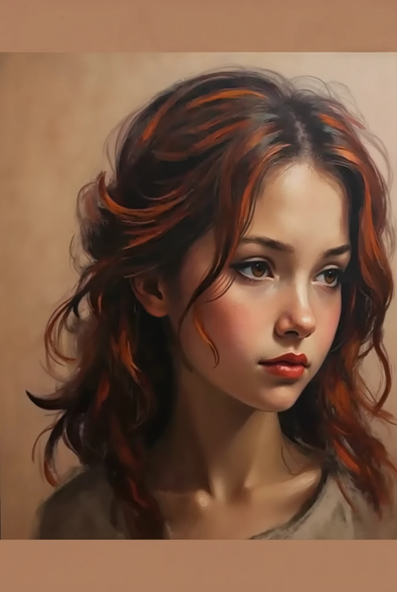 young girl painted in a picture, with Red hair, realistic painting with charcoal in Black and White