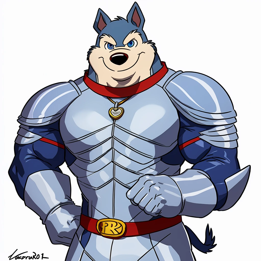  Exiles  ( Road Rovers ), Blue fur, White fur, human, Pointed ears, ,  alone,  whole body ,  Muscle , pig, red  collar,  coins, pet tags , high quality smile,  best resolution, Cell shade, ( blue eyes,  fine eyes):1.1, Silver uniform , Silver Armor, silver gloves, Silver boots,  Red Belt ,  white background,  No Background ,  stance,  looking at the camera , by wfa , by rossciaco ,  by Taran Fiedler , pointing