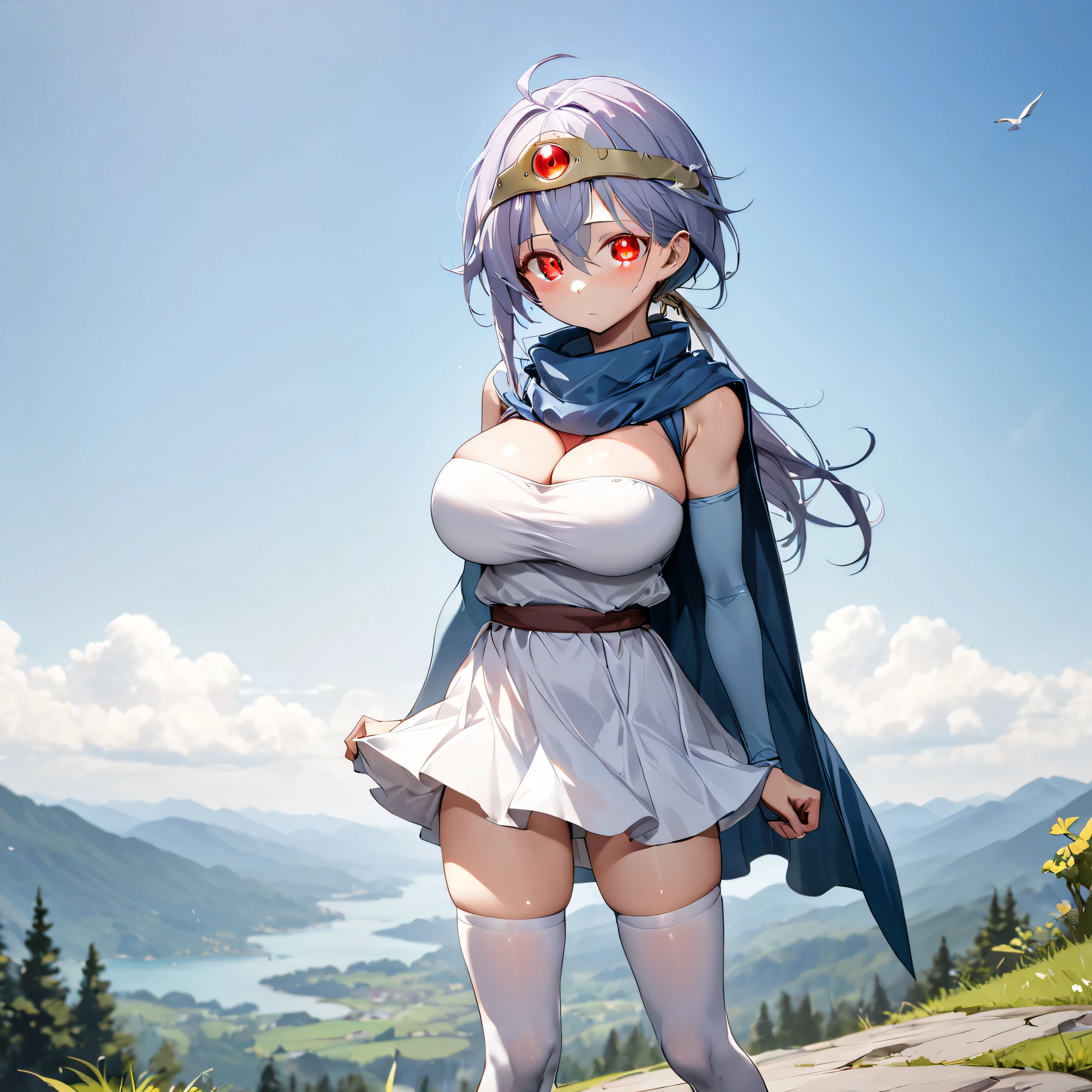 score_8_up, source_anime, anime, masterpiece, landscape, fantasy, sage(dq3), longtorso_v0.63_pony, eyebugs_f, BREAK, solo, 1 skinny girl standing, ite girl, arched back, (bouncing huge breasts:1.3), tiptoe, pigeon toed, BREAK, looking at viewer, red eyes, (glowing eyes), (eye bugs:1.2), (expressionless:1.3), (no emotion:1.3), flat eyebrows, BREAK, narrow shoulders, (bursting huge breasts:1.1), (too short torso:1.2), (too short waist), too narrow waist, very small stomach, skinny hip, (skinny thighs), (skinny legs), BREAK, flapping blue mantle, (flapping white very short dress:1.2), dress cinches underbust, (cleavage), thigh gap, thighhighs, long arm covers