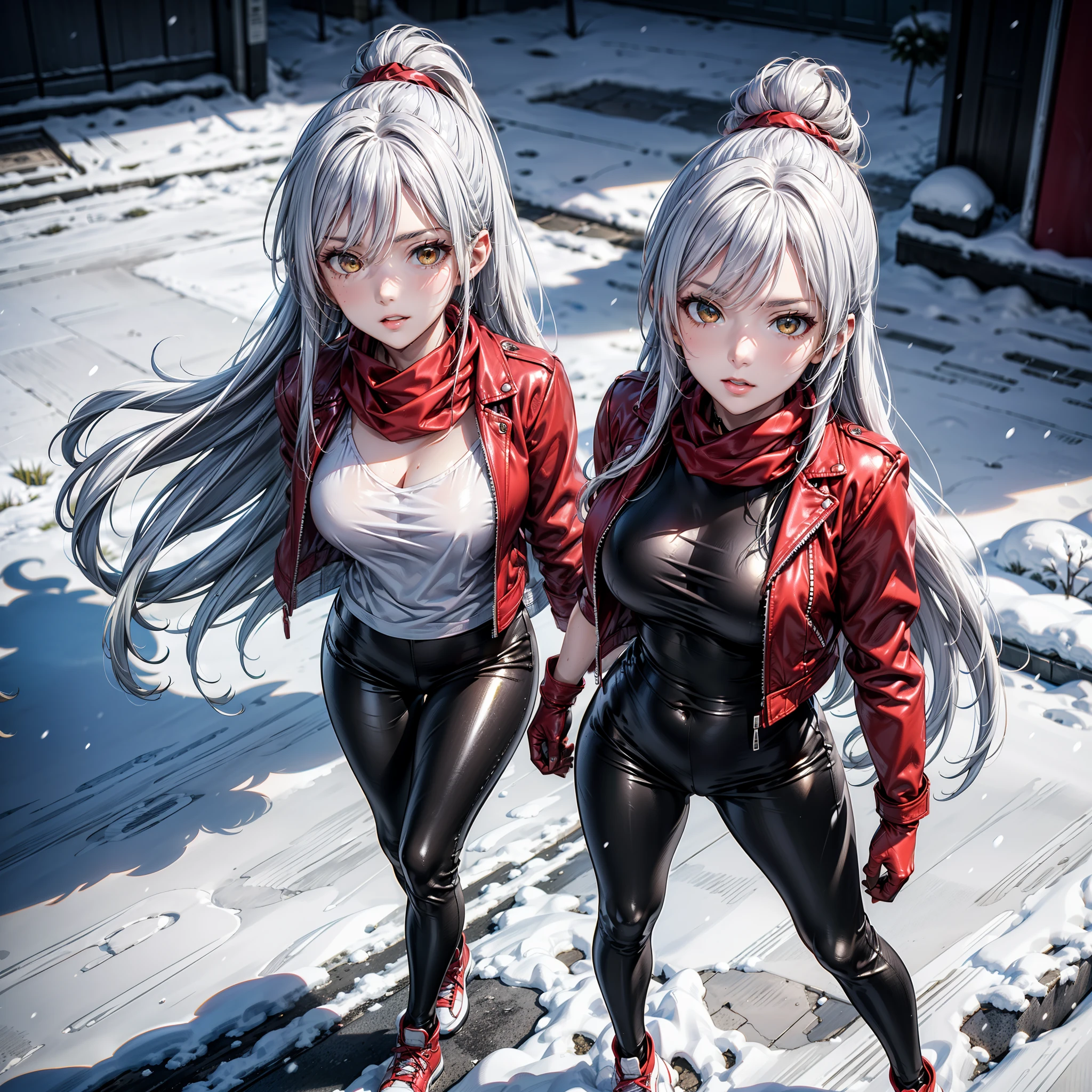 (Yaedef :1.4), 8K, highres, ultra detailed, ( masterpiece:1.4), (( perfect hands)), Better quality, Sakuya Shirase, symmetrical body, sensual lips, slender legs , badass anime girl , bright clothes, beautiful, Alone, of foot, Tender Pose, (( seen from above)), tender look, long ponytail black hair, detailed face , detailed eyes , amber yellow eyes , choker :1.6, choker :1.6, ((red scarf)), ((tight shiny black bodysuit)), ((( red leather jacket))), ((( shiny black leggings))), ((shiny black gloves )), ((calle con snow)), city, (cloudy), Snowing, snow