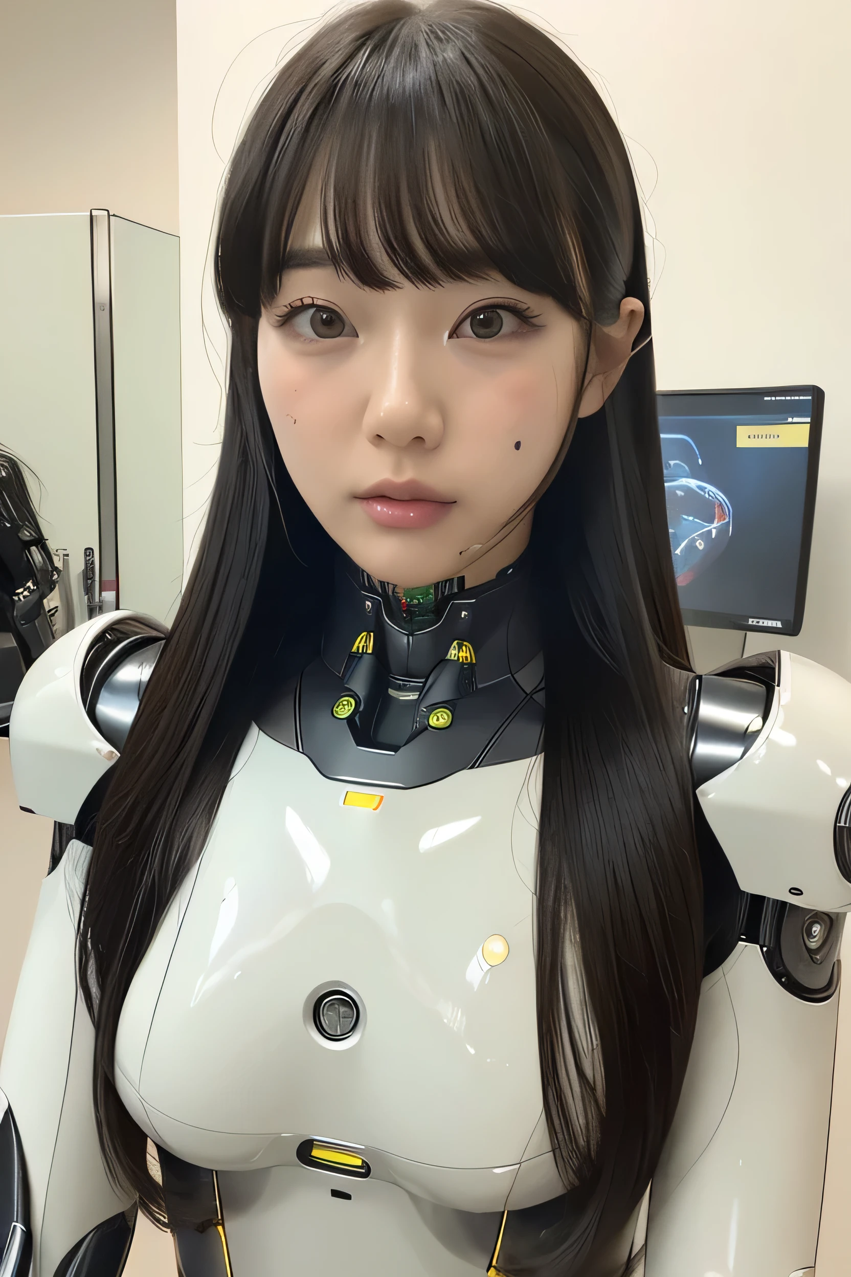 masterpiece, best quality, extremely detailed, Japaese android girl,portrait,Plump,a bit chubby,control panels,android,Droid,Mechanical Hand, Robot arms and legs, Black hair,Blunt bangs,perfect robot girl,long tube,thick cable connected her neck,android,robot,humanoid,cyborg,japanese cyborg girl ,robot-assembly plant,She is assembling now,assembly scene,rolling eyes,chest monitor
