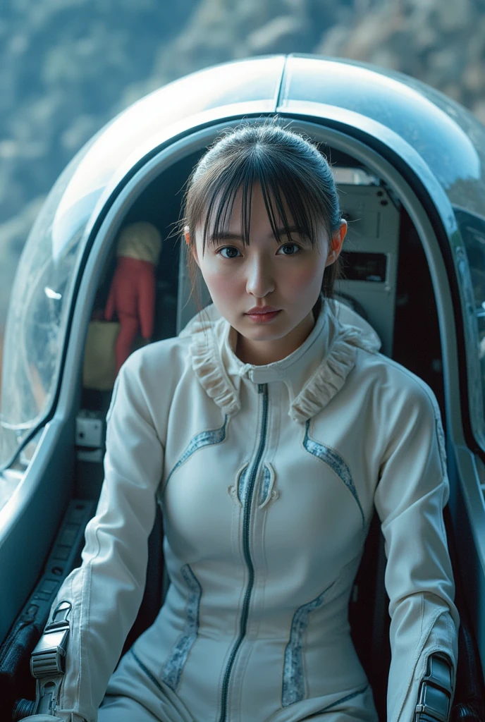 A close-up of cut bamboo, ((a girl sleeping with her eyes closed in a cylindrical life support capsule, the lower half of which is young bamboo-colored metal and the upper half is made of transparent glass, like an escape capsule for a spaceship, the interior of which is filled with dazzling light, like an escape capsule for a spaceship in a science fiction movie)), ((the inside of the life support capsule is equipped with many monitor panels and lamps)), ((a view looking down on the girl from above)),((the girl is 15 centimeters tall)), ((the girl is 10 years old)), ((the girl is wearing silver metallic clothes)),In a bamboo forest,