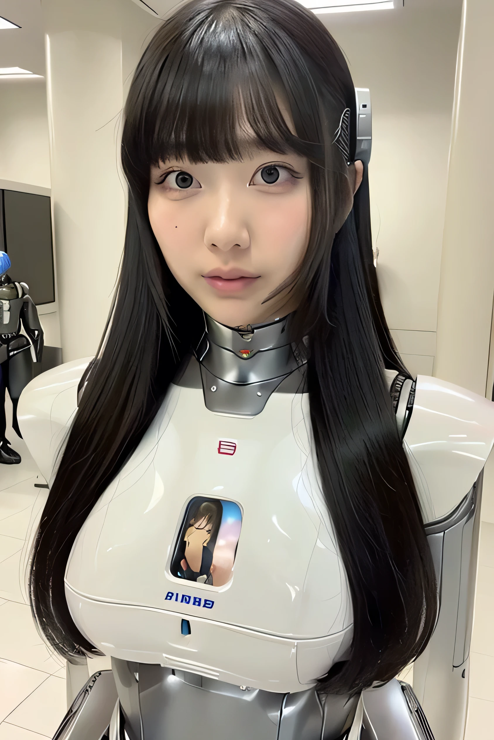 masterpiece, best quality, extremely detailed,Japaese Android girl,chubby,Plump , control panels,android,Droid,Mechanical Hand, Robot arms and legs, Black Robot Parts,Black hair,Mechanical body,Blunt bangs,White robotics parts,perfect robot girl,future information counter,reception,long tube,thick cable connected her neck,ceramic body ,mechanical body,android,robot,humanoid,cyborg,information office,japanese android receptionist ,mechanical chest,