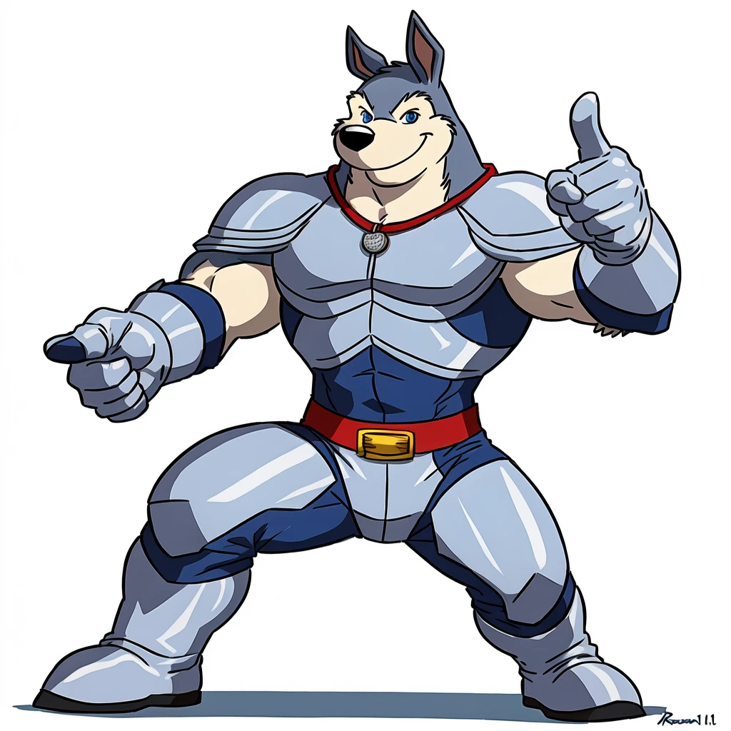  Exiles  ( Road Rovers ), Blue fur, White fur, human, Pointed ears, ,  alone,  whole body ,  Muscle ,  Pectoral ,(kangaroo), red  collar,  coins, pet tags ,  high quality smile,  best resolution, Cell shade, ( blue eyes,  fine eyes):1.1, Silver uniform , Silver Armor, silver gloves, Silver boots,  Red Belt ,  white background,  No Background ,  stance,  looking at the camera , by wfa , by rossciaco ,  by Taran Fiedler , pointing